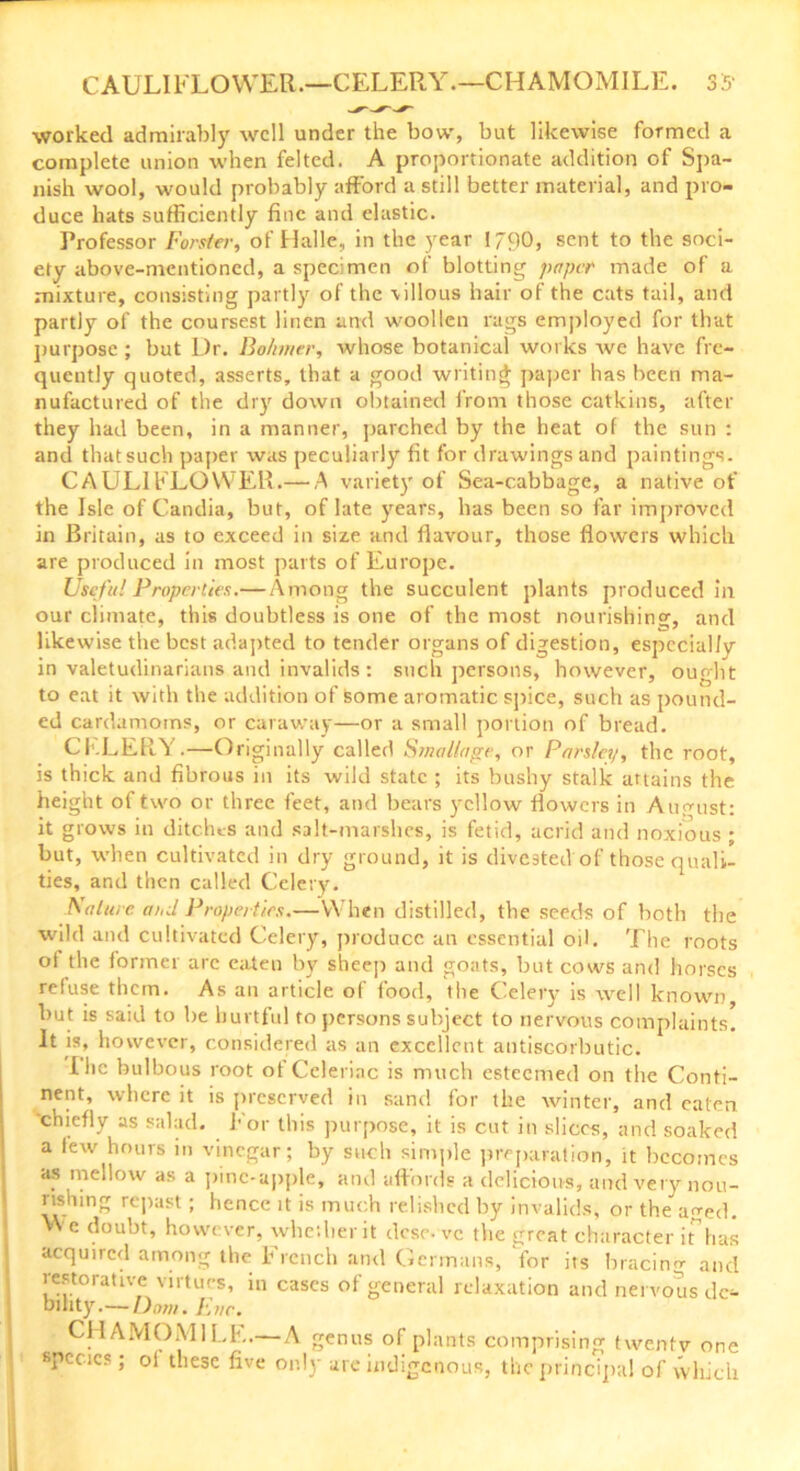 worked admirably well under the bow, but likewise formed a complete union when felted. A proportionate addition of Spa- nish wool, would probably afford a still better material, and pro- duce hats sufficiently fine and elastic. Professor Forster, of Halle, in the year I 90, sent to the soci- ety above-mentioned, a specimen of blotting paper made of a mixture, consisting partly of the villous hair of the cats tail, and partly of the coursest linen and woollen rags employed for that purpose ; but Dr. Bohmer, whose botanical works we have fre- quently quoted, asserts, that a good writing paper has been ma- nufactured of the dry down obtained from those catkins, after they had been, in a manner, parched by the heat of the sun : and that such paper was peculiarly fit for drawings and paintings. CAULIFLOWER.— A variety of Sea-cabbage, a native of the Isle of Candia, but, of late years, has been so far improved in Britain, as to exceed in size and flavour, those flowers which are produced in most parts of Europe. Useful Properties.— Among the succulent plants produced in our climate, this doubtless is one of the most nourishing, and likewise the best adapted to tender organs of digestion, especially in valetudinarians and invalids : such persons, however, ought to eat it with the addition of some aromatic spice, such as pound- ed cardamoms, or caraway—or a small portion of bread. CELERY.—Originally called Smallage, or Parsley, the root, is thick and fibrous in its wild state ; its bushy stalk attains the height of two or three feet, and bears yellow flowers in August: it grows in ditches and salt-marshes, is fetid, acrid and noxious ; but, when cultivated in dry ground, it is divested of those quali- ties, and then called Celery. Nature aud Properties.—When distilled, the seeds of both the wild and cultivated Celery, produce an essential oil. The roots ot the former arc eaten by sheep and goats, but cows and horses refuse them. As an article of food, the Celery is well known but is said to be hurtful to persons subject to nervous complaints. It is, however, considered as an excellent antiscorbutic. I lie bulbous root ot Celeriac is much esteemed on the Conti- nent, where it is preserved in sand for the winter, and eaten chiefly as salad. For this purpose, it is cut in slices, and soaked a lew hours in vinegar; by such simple preparation, it becomes as mellow as a pine-apple, and affords a delicious, and veiy nou- rishing repast; hence it is much relished by invalids, or the aged. e doubt, however, whether it dose, vc the great character it has acquired among the French and Germans, for its bracing and restorative virtues, in cases of general relaxation and nervous de- bility.— Dom. Kur. CHAMOMILE.—A genus of plants comprising twentv one species; ol these five only are indigenous, the principal of which