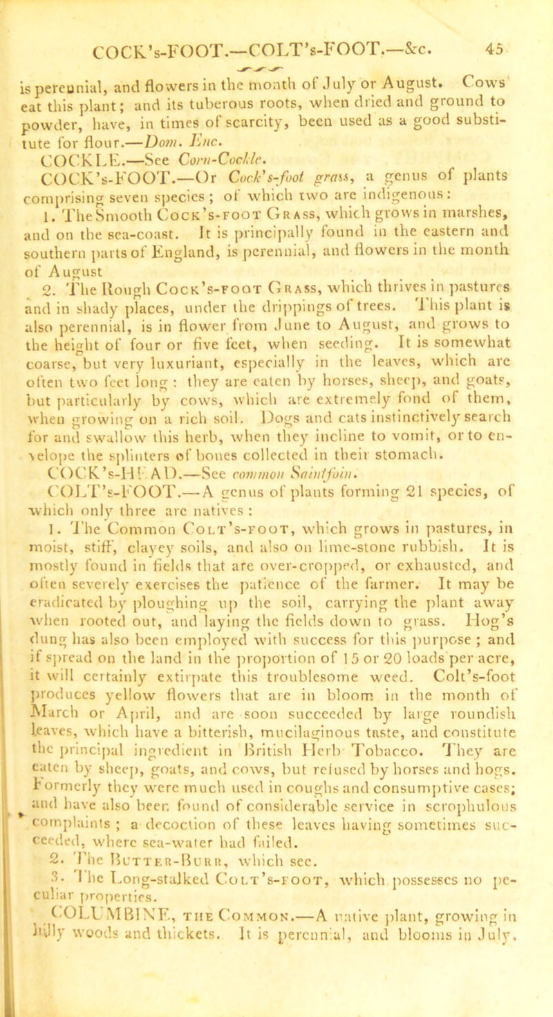 is perennial, and flowers in the month of July or August. Cows eat this plant; and its tuberous roots, when dried and ground to powder, have, in times of scarcity, been used as a good substi- tute for flour.—Dorn. Enc. COCKLE.—See Corn-Cockle. COCK’s-FOOT.—Or Gock's-foot gran, a genus of plants comprising seven species; ot which two are indigenous: 1. TheSmooth Cock’s-foot Grass, which grows in marshes, and on the sea-coast. It is principally found in the eastern and southern parts of England, is perennial, and flowers in the month of August 2. The Rough Cock’s-foot Grass, which thrives in pastures and in shady places, under the drippings ot trees. 1 his plant is also perennial, is in flower from June to August, and grows to the height of four or five feet, when seeding. It is somewhat coarse, but very luxuriant, especially in the leaves, which arc often two feet long : they are eaten by horses, sheep, and goats, but particularly by cows, which are extremely fond of them, when growing on a rich soil. Dogs and cats instinctively search for and swallow this herb, when they incline to vomit, or to en- velope the splinters of bones collected in their stomach. COCK’s-Hl AD.—See common Sainffoin. COLT’s-FOOT.— A genus of plants forming 21 species, of which only three arc natives : 1. 'Lite Common Colt’s-foot, which grows in pastures, in moist, stiff, clayey soils, and also on lime-stone rubbish. It is mostly found in fields that are over-cropped, or exhausted, and often severely exercises the patience of the farmer. It may be eradicated by ploughing up the soil, carrying the plant away when rooted out, and laying the fields down to grass. Hog’s clung has also been employed with success for this purpose ; and if spread on the land in the proportion of 15 or 20 loads per acre, it will certainly extirpate this troublesome weed. Colt’s-foot produces yellow flowers that are in bloom in the month of March or April, and are soon succeeded by large roundish leaves, which have a bitterish, mucilaginous taste, and constitute the principal ingredient in British Herb Tobacco. They are eaten by sheep, goats, and cows, but refused by horses and hogs, tormerly they were much used in coughs and consumptive cases; ^ and have also beer, found of considerable service in scrophulous complaints ; a decoction of these leaves having sometimes suc- ceeded, where sea-water had failed. 2. The Butter-Burr, which sec. 3. The I mng-stajked Colt’s-foot, which possesses no pe- culiar properties. COLUMBINE, tiieC ommon.— A native plant, growing in ji’Jly woods and thickets. It is perennial, and blooms in July.