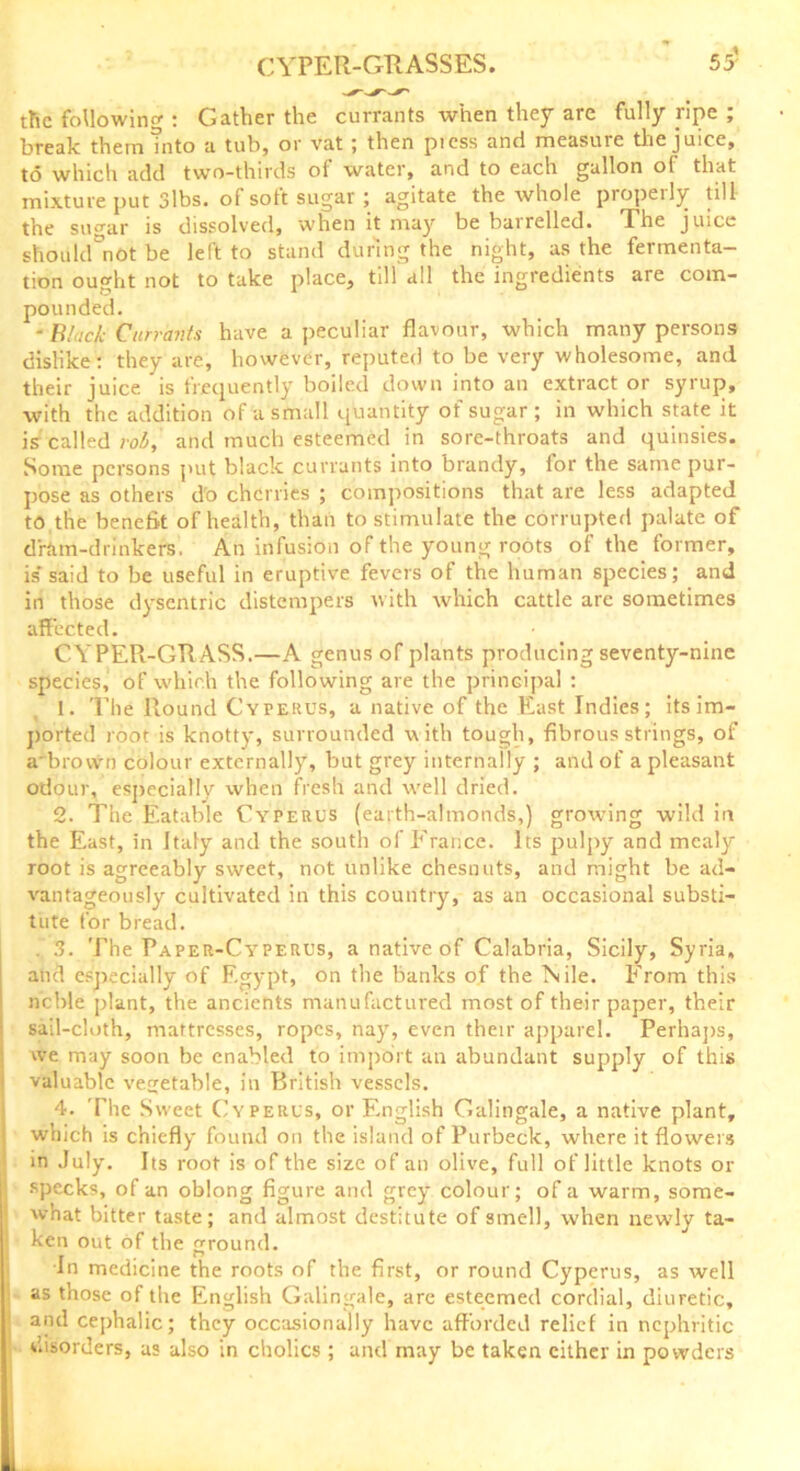 55* CYPER-GRASSES. the following : Gather the currants when they are fully ripe ; break them into u tub, or vat ; then pi css and measure the juice, to which add two-thirds of water, and to each gallon ol that mixture put 3lbs. of soft sugar; agitate the whole properly till the sugar is dissolved, when it may be barrelled. The juice shoiild°nOt be left to stand during the night, as the fermenta- tion ought not to take place, till all the ingredients are com- pounded. -BlackCurrants have a peculiar flavour, which many persons dislike: they are, however, reputed to be very wholesome, and their juice is frequently boiled down into an extract or syrup, with the addition of a small quantity of sugar; in which state it is called rob, and much esteemed in sore-throats and quinsies. Some persons put black currants into brandy, for the same pur- pose as others do cherries ; compositions that are less adapted to the benefit of health, than to stimulate the corrupted palate of dram-drinkers. An infusion of the young roots of the former, is' said to be useful in eruptive fevers of the human species; and in those dysentric distempers with which cattle arc sometimes affected. CYPER-GRASS.—A genus of plants producing seventy-nine species, of which the following are the principal : 1. The Round Cyterus, a native of the East Indies; its im- ported root is knotty, surrounded with tough, fibrous strings, of a brown colour externally, but grey internally ; and of a pleasant odour, especially when fresh and well dried. 2. The Eatable Cyperus (earth-almonds,) growdng wild in the East, in Italy and the south of France. Its pulpy and mealy root is agreeably sweet, not unlike chesnuts, and might be ad- vantageously cultivated in this country, as an occasional substi- tute for bread. . 3. The Paper-Cyperus, a native of Calabria, Sicily, Syria, and especially of Egypt, on the banks of the Nile. From this ncble plant, the ancients manufactured most of their paper, their sail-cloth, mattresses, ropes, nay, even their apparel. Perhaps, we may soon be enabled to import an abundant supply of this valuable vegetable, in British vessels. 4. The Sweet Cyperus, or English Galingale, a native plant, which is chiefly found on the island of Purbeck, where it flowers in July. Its root is of the size of an olive, full of little knots or specks, of an oblong figure and grey colour; of a warm, some- what bitter taste; and almost destitute of smell, when newly ta- ken out of the ground. in medicine the roots of the first, or round Cyperus, as well as those of the English Galingale, are esteemed cordial, diuretic, and cephalic; they occasionally have afforded relief in nephritic disorders, as also in cholics ; and may be taken either in powders