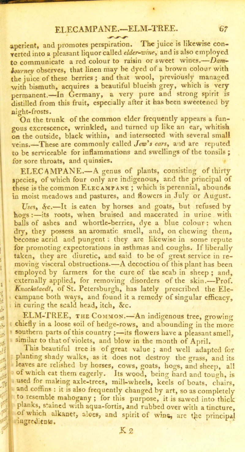 aperient, and promotes perspiration. The juice is likewise con- verted into a pleasant liquor called elder-wine, and is also employed to communicate a red colour to raisin or sweet wines.—Dam- lournev observes, that linen may be dyed of a brown colour with the juice of these berries; and that wool, previously managed with bismuth, acquires a beautiful blueish grey, which is very- permanent.—In Germany, a very pure and strong spirit is distilled from this fruit, especially after it has been sweetened by night-frosts. On the trunk of the common elder frequently appears a fun- gous excrescence, wrinkled, and turned up like an ear, whitish on the outside, black within, and intersected with several small veins,—These are commonly called Jew's ears, and are reputed to be serviceable for inflammations and swellings of the tonsils ; for sore throats, and quinsies. ELECAMPANE.—A genus of plants, consisting of thirty species, of which four only are indigenous, and the principal of these is the common Elecampane ; which is perennial, abounds in moist meadows and pastures, and flowers in July or August. Uses, ^-c.—It is eaten by horses and goats, but refused by hogs :—its roots, when bruised and macerated in urine with balls of ashes and whortle-berries, dye a blue colour: when dry, they possess an aromatic smell, and, on chewing them, become acrid and pungent : they are likewise in some repute for promoting expectorations in asthmas and coughs. If liberally taken, they are diuretic, and said to be of great service in re- moving visceral obstructions.—A decoction of this plant has been employed by farmers for the cure of the scab in sheep ; and, externally applied, for removing disorders of the skin.—Prof. Knachstaedt, of St. Petersburgh, has lately prescribed the Ele- campane both ways, and found it a remedy of singular efficacy, in curing the scald head, itch, &c. ELM-TREE, THE Common.—An indigenous tree, growing chiefly in a loose soil of hedge-rows, and abounding in the more southern parts of this country ;—its flowers have a pleasant smell, similar to that of violets, and blow in the month of April. This beautiful tree is of great value ; and well adapted for planting shady walks, as it does not destroy the grass, and its leaves are relished by horses, cows, goats, hogs, and sheep, all of which eat them eagerly. Its wood, being hard and tough, is used for making axle-trees, mill-wheels, keels of boats, chairs, and coffins : it is also frequently changed by art, so as completely to resemble mahogany ; for this purpose, it is sawed into thick planks, stained with aqua-fortis, and rubbed over with a tincture, of which alkanet, aloes, and spirit of win4, are the principal 'mrpVArl.Anln  * * I* ingredients. K2