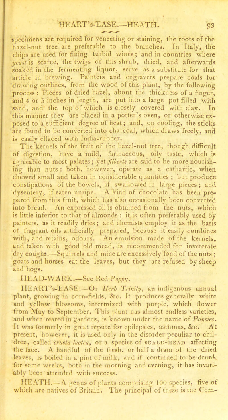 HEART’s-EASE.—HEATH. specimens are required for veneering or staining, the roots of the hazel-nut tree are preferable to the branches. In Italy, the chips are used for fining turbid wines; and in countries where yeast is scarce, the twigs of this shrub, dried, and afterwards soaked in the fermenting liquor, serve as a substitute for that article in brewing. Painteis and engravers prepare coals for drawing outlines, from the wood of this plant, by the following process: Pieces of dried hazel, about the thickness of a finger, and 4 or 5 inches in length, are put into a large pot filled with sand, and the top of which is closely covered with clay. In this manner they are placed in a potter’s oven, or otherwise ex- posed to a sufficient degree of heat; and, on cooling, the sticks are found to be converted into charcoal, which draws freely, and is easily effaced with India-rubber. The kernels of the fruit of the hazel-nut tree, though difficult of digestion, have a mild, farinaceous, oily taste, which is agreeable to most pulates; yet filberts are said to be more nourish- ing than nuts : both, however, operate as a cathartic, when chewed small and taken in considerable quantities ; but produce constipations of the bowels, if swallowed in large pieces ; and dysentery, if eaten unripe. A kind of chocolate has been pre- pared from this fruit, which has also occasionally been converted into bread. An expressed oil is obtained from the nuts, which is little inferior to that of almonds : it, is often preferably used by painters, as it readily dries ; and chemists employ it as the basis of fragrant oils artificially prepared, because it easily combines with, and retains, odours. An emulsion made of the kernels, and taken with gdod old mead, is recommended for inveterate dry coughs.—Squirrels and mice are excessively fond of the nuts ; goats and horses eat the leaves, but they are refused by sheep and hogs. PIEAD-WARK.—See Red Poppy. HEART’s-E ASE.—Or Herb Trinity, an indigenous annual plant, growing in corn-fields, &rc. It produces generally white and yellow blossoms, intermixed with purple, which flower from May to September, '['his plant has almost endless varieties, and when reared in gardens, is known under the name of Pansies. It was formerly in great repute for epilepsies, asthmas, &c. At present, however, it is used only in the disorder peculiar to chil- dren, called crus/.a loctea, or a species of scald-head affecting the face. A handful of the fiesh, or half a dram of the dried leaves, is boiled in a pint of milk, and if continued to be drunk for some weeks, both in the morning and evening, it has invari- ably been attended with success. HEATH.—A genus of plants comprising 100 species, five of which are natives of Britain. The principal of these is the Com-