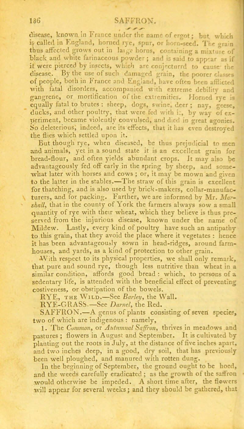 disease, known, in France under the name of ergot; but. which is called in England, horned rye, spur, or horn-seed. The grain thus affected grows out in laige horns, containing a mixtuTe of black and white farinaceous powder; and is said to appear as if it were pierced by insects, which are conjecturrd to cause- the disease. By the use of such damaged grain, the poorer classes of people, both in France and England, have often been afflicted with fatal disorders, accompanied with extreme debilitv and gangrene, or mortification of the extremities. Horned rye is equally fatal to brutes : sheep, dogs, swine, deer ; nay, geese, ducks, and other poultry, that were fed with i;, by way of ex- periment, became violently convulsed, and died in great agonies. So deleterious; indeed, are its effects, that it has even destroyed the flies which settled upon it. But though rye, when diseased, be thus prejudicial to men and animals, yet in a sound state it is an excellent grain for bread-flour, and often yields abundant crops. It may also be advantageously fed off early in the spring by sheep, and some- what later with horses and cows ; or, it may be mown and given to the latter in the stables.—The straw of this grain is excellent forthatching, and is also used by brick-makers, collar-manufac- \ turers, and for packing. Farther, we are informed by Mr. Mar- ' shall, that in the county of York the farmers always sow a small quantity of rye with their wheat, which they believe is thus pre- served from the injurious disease, known under the name of Mildew. Lastly, every kind of poultry have such an antipathy to this grain, that they avoid the place where it vegetates : hence it has been advantageously sown in head-ridges, around farm- houses, and yards, as a kind of protection to other grain. •With respect to its physical properties, we shall only remark, that pure and sound rye, though less nutritive than wheat in a similar condition, affords good bread : which, to persons of a sedentary life, is attended with the beneficial effect of preventing costiveness, or obstipation of the bowels. RYE, the Wild.—See Barley, the Wall. RYE-GRASS—See Darnel, the Red. SAFFRON.—A genus of plants consisting of seveni species, two of which are indigenous : namely, 1. The Common, or Autumnal Saffron, thrives in meadows and pastures ; flowers in August and September. It is cultivated by planting out the roots in July, at the distance of five inches apart, and two inches deep, in a good, dry soil, that has previously been well ploughed, and manured with rotten dung. In the beginning of September, the ground ought to be hoed, and the weeds carefully eradicated ; as the growth of the saffron < would otherwise be impeded. A short time after, the flowers will appear for several weeks; and they should be gathered, that