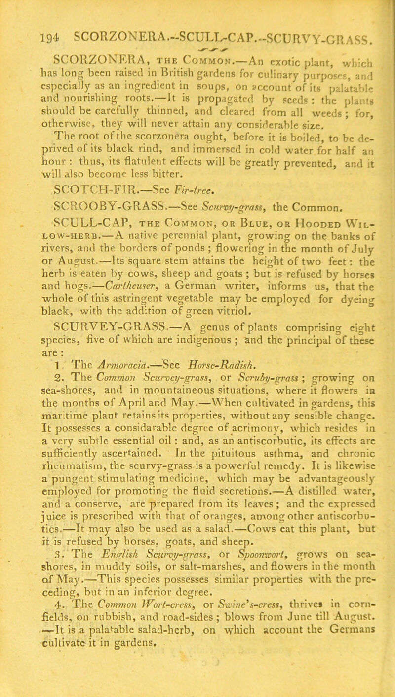 SCORZONERA, the Common.—An exotic plant, which has long been raised in British gardens for culinary purposes, and especially as an ingredient in soups, on account of its pala’table and nourishing roots.—It is propagated by seeds : the plants should be carefully thinned, and cleared from all weeds ; for, otherwise, they will never attain any considerable size. The root of the scorzonera ought, before it is boiled, to be de- prived of its black rind, and immersed in cold water for half an hour : thus, its flatulent effects will be greatly prevented, and it will also become less bitter. SCOTCH-FIR.—See Fir-tree. SCROOBY-GRASS.—See Scurvy-grass, the Common. SCULL-CAP, the Common, or Blue, or Hooded Wil- low-herb.—A native perennial plant, growing on the banks of rivers, and the borders of ponds; flowering in the month of July or August.—Its square stem attains the height of two feet: the herb is eaten by cows, sheep and goats ; but is refused by horses and hogs.-—Carlheuser, a German writer, informs us, that the whole of this astringent vegetable may be employed for dyeing black, with the addition of green vitriol. SCURVEY-GRASS.—A genus of plants comprising eight species, five of which are indigenous ; and the principal of these are : 1 The Armor acid.—See Horse-Radish. 2. The Common Scurvey-grass, or Scruby-grass; growing on sea-shores, and in mountaineous situations, where it flowers in the months of April ar.d May.—When cultivated in gardens, this maritime plant retains its properties, without any sensible change. It possesses a considavable degree of acrimony, which resides in a very subtle essential oil: and, as an antiscorbutic, its effects are sufficiently ascertained. In the pituitous asthma, and chronic rheumatism, the scurvy-grass is a powerful remedy. It is likewise a pungent stimulating medicine, which may be advantageously employed for promoting the fluid secretions.—A distilled water, and a conserve, are prepared from its leaves; and the expressed juice is prescribed with that of oranges, among other antiscorbu- tics.—It may also be used as a salad.—Cows eat this plant, but it is refused by horses, goats, and sheep. 3. The English Scurvy-grass, or Spoomoort, grows on sea- shores, in muddy soils, or salt-marshes, and flowers in the month of May.—This species possesses similar properties with the pre- ceding, but in an inferior degree. 4. The Common Wort,-cress, or Swine's-cress, thrive* in corn- fields, on rubbish, and road-sides ; blows from June till August. —It is a palatable salad-herb, on which account the Germans cultivate it in gardens.