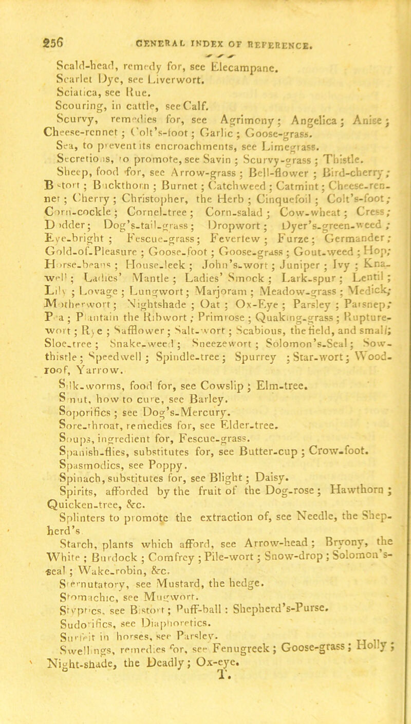 Scald-head, remedy for, see Elecampane. Scarlet Dye, see Liverwort. Sciatica, see Hue. Scouring, in cattle, see Calf. Scurvy, remedies for, see Agrimony; Angelica; Anise; Cheese-rennet; Colt’s-loot; Garlic; Goose-grass. Sea, to prevent its encroachments, see Limegrass. Secretio.is, 'o promote, see Savin ; Scurvy-grass ; Thistle. Sheep, food 'for, see Arrow-grass; Bell-flower ; Bird-cherry; B ^torr ; Buckthorn ; Burnet; Catchweed ; Catmint; Cheese-ren- ner ; Cherry; Christopher, the Herb; Cinquefoil; Colt’s-foot; Corn-cockle; Cornel-tree; Corn-salad; Cow-wheat; Cress; D >dder; Dog’s-tail-grass; Dropwort; Dyer’s.green-weed ; Eve-bright ; Fescue-grass; Feverlew ; Furze: Germander; Gold-of-Pieasure ; Goose-foot ; Goose-grass ; Gout-weed ; Hop; Horse-beans; House-leek; John’s-wort; Juniper; Ivy ; Kna- well; Ladies’ Mantle; Ladies’ Smock ; Lark-spur; Lentil; Lily ; Lovage ; Lungwort; Marjoram ; Meadow-grass ; Medick; iMotherwort; Nightshade ; Oat ; Ox-F.ye ; Parsley ; Parsnep; P a; Plantain the Ribwort; Primrose; Quaking-grass; P.upture- wort; R) e ; Safflower; Salt-wort; Scabious, the Held, and smai/; Sloe.tree ; Snake-wee 1 ; Sneezevvort ; Solomon’s-Seal; Sow- thistle ; Speedwell ; Spindle-tree; Spurrey ; Star-wort; W ood- loof, Yarrow. Silk-worms, food for, see Cowslip; Elm-tree. S nut, howto cure, see Barley. Soporifics ; see Dog’s-Mercury. Sore-throat, remedies for, see Elder-tree. Soups, ingredient for. Fescue-grass. Spanish-flies, substitutes for, see Butter-cup ; Crow-foot. Spasmodics, see Poppy. Spinach, substitutes for, see Blight; Daisy. Spirits, afforded by the fruit of the Dog-rose ; Hawthorn ; Quicken-tree, &c. Splinters to promote the extraction of, see Needle, the Shep- herd’s Starch, plants which afford, see Arrow-head ; Bryony, the White ; Burdock ; Comfrcy ; Pile-wort; Snow-drop ; Solomon s- •seal ; Wake-robin, 8rc, S'ernutatory, see Mustard, the hedge. Stomachic, see Mugwort. Stypt’cs, see Bistort; Puff-ball: Shepherd’s-Purse. Sudo’ifics, see Diaphoretics. Surfeit in horses, see Parsley. Swelhngs, remedies for, ser Fenugreek ; Goose-grass; Hol.y ; Night-shade, the Deadly; Ox-eye.