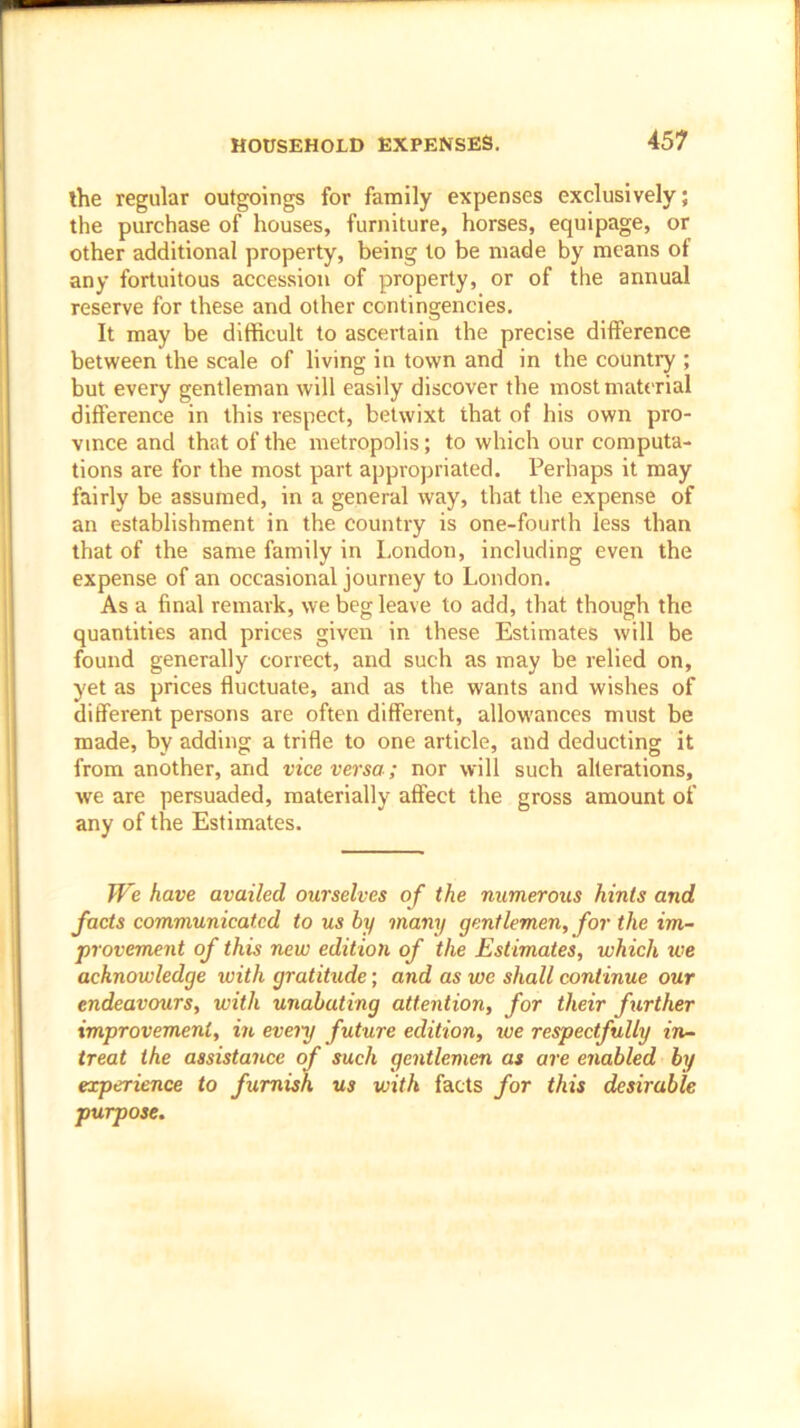 the regular outgoings for family expenses exclusively; the purchase of houses, furniture, horses, equipage, or other additional property, being to be made by means of any fortuitous accession of property, or of the annual reserve for these and other contingencies. It may be difficult to ascertain the precise difference between the scale of living in town and in the country ; but every gentleman will easily discover the most material difference in this respect, betwixt that of his own pro- vince and that of the metropolis; to which our computa- tions are for the most part appropriated. Perhaps it may fairly be assumed, in a general way, that the expense of an establishment in the country is one-fourth less than that of the same family in London, including even the expense of an occasional journey to London. As a final remark, we beg leave to add, that though the quantities and prices given in these Estimates will be found generally correct, and such as may be relied on, yet as prices fluctuate, and as the wants and wishes of different persons are often different, allowances must be made, by adding a trifle to one article, and deducting it from another, and vice versa ; nor will such alterations, we are persuaded, materially affect the gross amount of any of the Estimates. We have availed ourselves of the numerous hints and facts communicated to us by many gentlemen, for the im- provement of this new edition of the Estimates, which we acknowledge with gratitude; and as we shall continue our endeavours, with unabating attention, for their further improvement, in every future edition, ive respectfully in- treat the assistance of such gentlemen as are enabled by experience to furnish us with facts for this desirable purpose.
