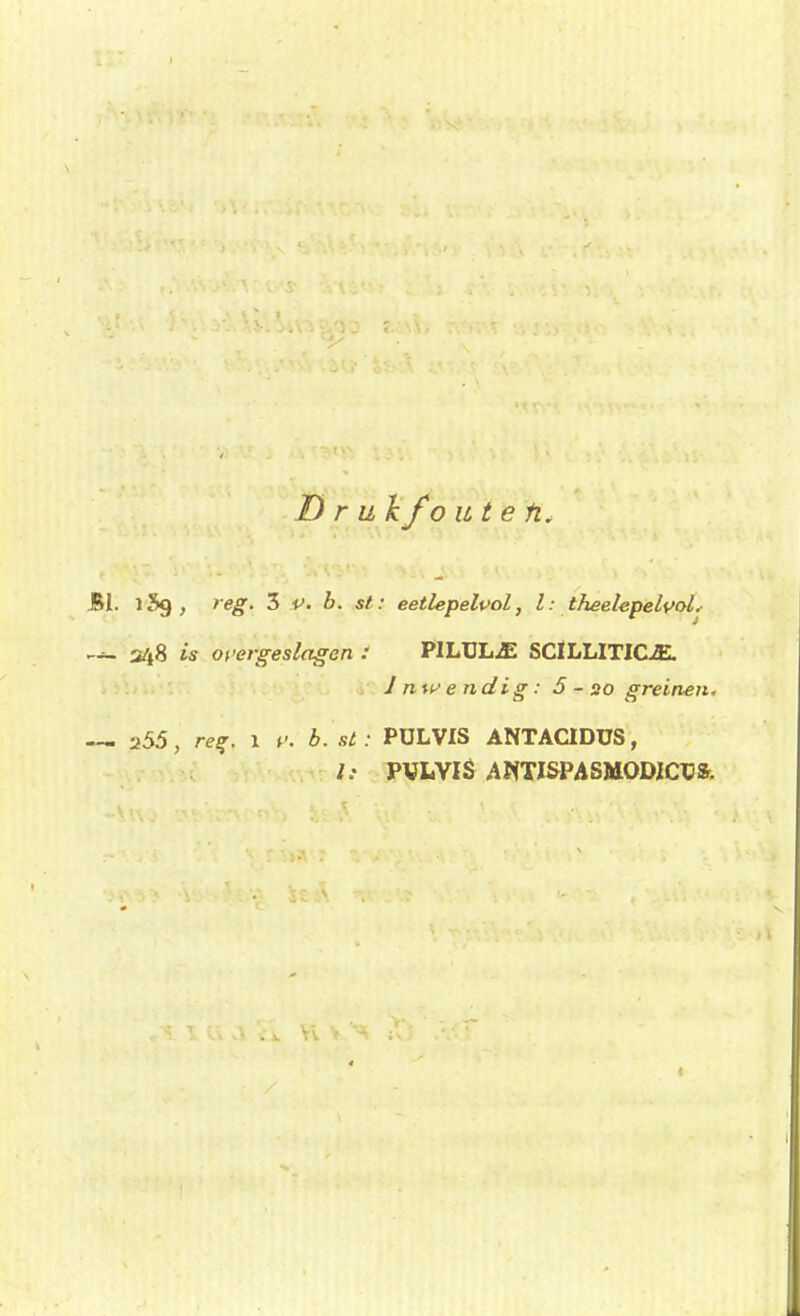 %\. l5g, reg. 3 V. b. st: eetlepelvol, l: theelepelfoL ~— 248 is overgeslagen : PILtJL^ SCÏLLITICiE. Inwendig: 5 - ao greinen* 255, reg, 1 V. b. st: PULVIS ANTACIDUS, /.• PVLVIS ANTISPASMODICUS.