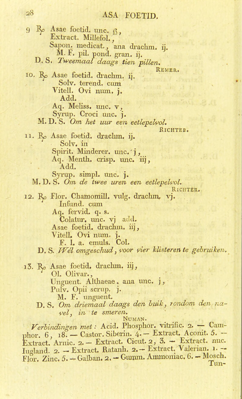 9 Ro Asae foetid. unc. q, Extract. Millefol./ Sapon. rnedicat., ana drachm. ij. M. F. pil. pond. gran. ij. D. S. Tweemaal daags tien pillen. t» f Remer. io. J^o Asae ioetid. drachm. ij. Solv. terend, cum Vitell. Ovi num. j. Add. Aq. Meliss. unc. v; Syrup. Croci unc. j. M. D. S. Om het uur een eetlepelpol. Richteb. n. Ro Asae foetid. drachm. ij. Solv. in Spirit. Minderer. unc.' j , Aq. Menth. crisp. unc. iij, Add. Synjp. simpl. unc. j. M. D. S. Om de twee uren een eetlepelpol. Richter. 12. Ro Flor. Chamomill. vuig. drachm. vj. Infund. cum Aq. fervid. q. s. Colalur. unc. vj add. Asae foetid. drachm. iij, Vitell. Ovi num. j. F. 1. a. emuls. Col. D. S. Wél omgeschud, voor vier klisteren te gebruiken. i5. Ro Asae foetid. draclim. iij, r 01. Olivar., Unguent. Althaeae, ana unc. j, Pulv. Opii scrnp. j. M. F. unguent. D. S. Om driemaal daags den buik, rondom den na- vel, in te smeren. NüMAN. Verbindingen met: Acid. Phosphor. vitriüc. 2. — Cam- phor. 6, 18. — Castor. Siberin. 4- — Extract. Aconit. 5. — Extract. Arnic. 2.— Extract. Cicut. 2, 3. - Extract, nuc. Iugland. 2. - Extract. Ratanh. 2.- Extract. Valerian. i. Flor. Zinc. 5. - Galban. 2. - Gumm. Ammoniac. 6. - Mosch. Tim-