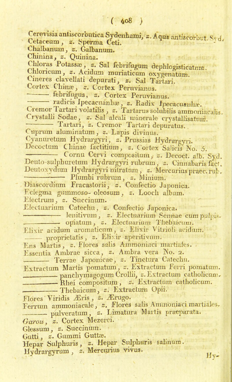 CerevisiaaniiscorbuticaSydeiihami, z. Aqut antiscorbut SVcL Cetaceum , z. bperma Ceti. - Chalbanum, z. Galbanum. Chinina, z. Quinina. Chloras Potassaa, z. Sal febrifugum dephlogisticatm* Uiloricum, z. Acidum muriaticum oxA'genatum Cineres clavellati depurati, z. Sal Tartari. Cortex China?, z. Cortex Peruvianus. febrifugus, z. Cortex Peruvianus. radicis Jpecacuanbag, z. Radix fnecacuanlijc. Cremor Tartari volatilis , e. Tarlarus solubilis ammoniacahs. Crystalii Sodae, z. Sal alcali minerale crystallisatmri. : Tartari, z. Cremor Tartari depuratus. Cirprum aluminatum, z. Lapis divinus. Cyannretum Hydrargyri, z. Frussias Hydrargyri. Decoctum Chinae iaclitium, z. Cortex 'Saücis 'No. 5. — Cornu Cervi compositum, z. Decoct. a!b. Syd. Deulo-sulpburelum Hydrargyri rubrum, z. Cinnabaris facf. Deutoxydnm Hydrargyri nilralnm , z. Mercuriuspraec.rub. ■ Plumbi rubrmn, z. Minium. üiascordinm Fracaslorii, z. Coiifectio Japonica. Pciegma gimimoso-oleosum, z. Looch album. Eiectrurn, z. Succinum. Electuarium Catechn, z. Confeclio Japonica. lenitivnm, z. Electuarium Sennae èvtna ppbpis. ■ opiatum, s. Electuarium Thebaicum. Elisie acidum aromaticnm, z. Elixir Vitrioli acidum. proprielatis, z. Elixir aperilivum. Ens Marris, z. Flores salis Ammoniaci marliaies. Essentia Ambrae sicca, z. Ambra vera No. 2. Terrae Japonicae, z. Tinctura Catecbu. Extraclum Marlis pomatum, z. Extractum Ferri pomatum. _———— pancbymagogum Crollii, z. Extractum catbolicum, Rhei compositum , z. Extraclum catholicum. , — Tbebaicum, z. Extractum Opiï. Flores' Viridis iEris , z. iErugo. Ferrum ammoniacale, z. Flores salis Ammoniaci martiale*. pulveratum, z. Limatura Maitis praeparata. Garou, z. Cortex Mezerei. Glessum, z. Succinum. Gutti, z. Gummi Guttae. Hepar Sulphuris, z. Hepar Sulphuris salinum. Hydrargyrum , zt Mercurius vivus.