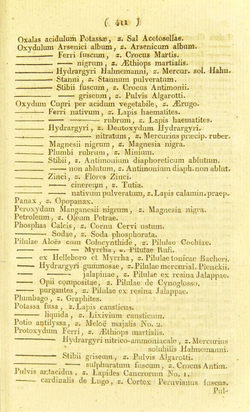 ( 4U j Oxalas acidulum Potassas, z. Sal Acetosellae. Oxydulum Arsenici album, z. Arsenicum album. Ferri fnscmn, z. Crocus Martis. —— nigrum, z. vEthiops martialis. . Hydrargyri Hahnemanni, z. Mercur. sol. Halm. Stanni, z. Stannum pulveratum. —— Slibii fuscum, z. Crocus Antimonii. griseum, z. Pulvis Algarotti. Oxydum Cupri per acidum vegetabile, z. yErngo. — — Ferri nativum, z. Lapis haematites. — —' — rubrum, z. Lapis haematites. H3rdrargyri, z. Deutoxydum Hydrargyri. —t nitratum, z. Mercurius prascip. ruber. Magnesii nigrnm ; z. Magnesia nigra. Plumbi rubrum, z. Minium. Stibii, z. Antimonium diaphoreticum ablutum. non ablutum, z. Antimonium diaph.non ablut. _ Zinci, z. Flores Zinci. ■ 1 cinereiun, z. Tutia. —— nativum pulveratum, z. Lapis calamin.praep. Panax, z. Opopanax. Peroxydum Manganesii nigrum, z. Maguesia nigva. Petroleum, z. Oleurn Petrae. Phosphas Calcis, z. Cornu Cervi ustum. —- Sodae, z. Soda phosphorata. Pilulae Aloës cum Colocyntbide, z. Pilulae Cochiae. ■ —— — Myrrhu, Pilulae Rufi. ex Helleboro et Myrrha, z. Pilulae lonicac Bacheri. ' Hydrargyri gummosae, z. Pilulae mercnrial. Plenckii, -~ jalapinae, z. Pilulae ex rcsina Jalappae. Opii composilae, z. Pilulae de Cynoglosso. — purgantes, z. Pilulae ex resina Jalappae. Plumbago, z. Graplütes. Potassa fusa , z. Lapis cansticus. ' liquida, z. Lixivium causticum. Potio antilyssa, z. Meloè' majalis No. 2. Protoxydum Ferri, z. yEtluops martialis. Hydrargyri nitrico-aiurnoniacale , z. Mercurius solubilis Hahncmanni. ————— Stibii griseum, z. Pulvis Algarotti. sulplmratum fuscum , z. Crocus Antim. 1 ulvjs ar.tacidus , z. Lapides Cancrorum No. i. cardiualis de Lugo, z. Cortex Peruvianus luscus. Pul-