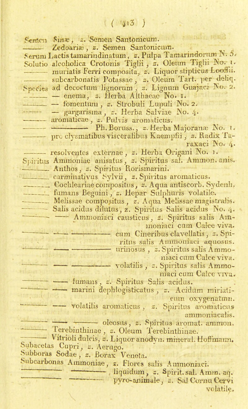 ( '4»3 ) Senten Sïmc, z. Semen Santonicum. Zedoaria;, z. Semen Santonicum. Serum Lactis tamarindinatum, z. Pulpa Tamarindomm N. Si Solutio alcoholica Crotonis Tiglü ] z. Oleum Tiglü Itorl. murialis Ferri composita, z. Liquor stiplicus LoaSfü. subcarbonaiis Potassae, z. Oleum Tart. per deliq. JSpec'iea ad decoctura lignorum , s. Lignum Guajaci Bf©s 2. — — eneraa, z. jierba Althaeac No. i. _ — lbmeutum , z. Strobuli Lupuli No. 2. — gargarisma, è. Herba Salviae No. 4. ■ .— aromaticac , z. Pulvis aromaticus. Ph.Boruss., z. Herba Majorana; No. t. pre clysmatibus visceralibus Kaempfii, z. Radix Ta- raxaci No. 4. resolventes externae, z. Herba Origani No. J. Sj ii itus Ammoniae anisatus, z. Spiritus sal. Ammon. anis. Anthos, z. Spiritus Rorismarini. _ carminativus Sylvii, z. Spiritus aromaticus. Cockleariaecompositus, z. Aqua antiscorb. Sydenh. fumans Beguini, 'z. Hepar Sidphuris volatile. — Melissae compositus., z, Aqua Meüssaemagtstrafès. — Salis acidus diiutus, z. Spiritus Salis acidus No. 4. ' : Ammoniaci causlicus, z. Spiritus salis Am- moniaci cutn Calce viva. — _ cum Cineribus clavellati3 , s. Spi- ritus salis Ammoniaci aquosus. * — urinosus , z. Spiritus salis Ammo- niaci cum Calce viva. -— volatilis , Zi Spiritus salis Ammo- niaci cum Calce vn'a. fumans, éj Spiritus Salis acidus. ~' — marini dcphlogisticatus , z. Acidum miriati- eum oxygenaünn. ' volatilis aromaticus , z. Spiritus aromaticus ammoniacalis. ' ~~ ; '  oleosiis, z. Spiritus aromat. ammon. Terebinthinae, z. Oleum Terebintbinae. —- Vitriolidulcis, z, Liquor anodvu. mineral. Hoffmaroi. Subacetas Cupri, z. Aerugo. Subboras Sodae , z. Borax Veneta. Subcarbonas Ammoniae, z. Flores salis Ammoniaci. ~~ M — liquidum, z. Spirit.sal. Amm. aq. pyro- animale, g. Sal Cornu Cervi volatile.