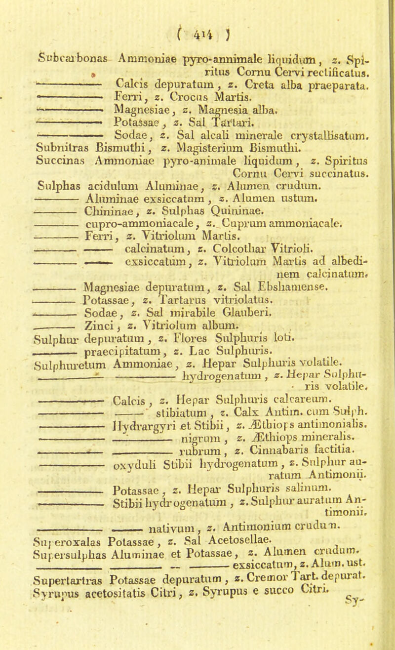 f J Subcaibonas Ammoniae pyro-annimale liquidum, z. Spl- » ritus Cornu Cervï recüficatus. Calcis depuratum, z. Creta alba praeparata. — ■ ferri, z. Crocus Martis. 1 1 ■ ■« Magnesiae, z. Magnesia alba. - -■ PotaSsae , z. Sal Tartari. • . '■. 1 Sodae, z. Sal alcali minerale crystallisatum. Subnitras Bismutbi, z. Magisterium Bismuthi. Succinas Ammoniae pyro-animale liquidum, z. Spiritus Cornu Cervi succinatus. Snlphas acidulum Aluminae, s. Aluinen crudnm. Aluminae exsiccatum , z. Alumen ustum. Chininae> z. Sulphas Quininae. eupro-ammoniacale, z. Cuprum ammoniacale. : Ferri, z. Vitriolum Marlis. calcinatum, z. Colcothar Vitrioli. exsiccatum} z. Vitriolum Martis ad albedi- nem calcinatum,» Magnesiae depuratum, z. Sal Ebshamense. Potassae, z. Tartarus vitriolatus. * Sodae, z. Sal mirabile Glauberi. . Zinci} z. Vitriolum album. Sulphur depuratum, z. Flores Sulpburis loti. ——— praecipitatum, z. Lac Sulphuris. Sulphuretum Ammoniae, z. Hepar Sulpburis volatile. hydrogenatnm , s. Hepar Sulpbu- • ris volatile. Calcis , z. Hepar Sulpburis cal care urn. stibiatum , z. Calx Autim. cum Suiph. liydrargyri et Stibii, z. JStbiops anthnonialis. : nigrum , z. iEthiops mineralis. , rubrum, z. Cinnabaris factitia. oxyduli Stibii hydrogenatum , z. Sulpbur au- ratum Antimonii. Potassae, z. Hepar Sulpburis salinum. Stibii bydrogenalum , z. Sulpbur auratum An- timonii. nalivum, z. Antimonium cru dun. Sujeroxalas Potassae, z. Sal Acetosellae. Sui.ersulpbas Aluminae et Potassae, z. Alumen crudum. „ exsiccatum, z. Aluin. ust. Supertartras Potassae depuratum , z. Cremor Tart. depurat. Syrapus acetositatis Citri, z. Syrupus e succo Citn. •