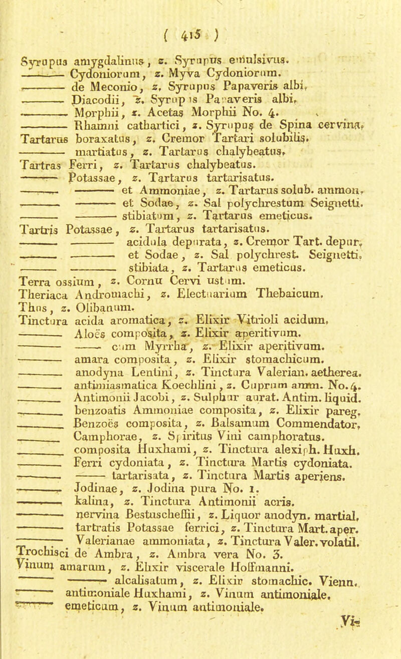 Syrupus amygdaunus, z. Syrtipus emulsivus. — Cydoniorum, z. Myva Cydoniornm. i de Meconio, z, Syrupus Papaveris aibi, . Diacodii, z. Syrup is Pavaveris albi, . Mprphii, *. Acetas Morphii No. 4. Rbamni catbartici, z. Svrupus de Spina cervina, Tartarus boraxatus, z, Cremor fartari solubiüs. martiatus, z. Tartarus chalybeatus» Tartras Ferri, z. Tartarus chalybeatus. -—-— Potassae, z. Tartarus tartarisatus. —!—— et Ammoniae, z. Tartarus solub. aramon. . et Sodae, z. Sal polychrestum Seiguetti. ■ stibiatum, z. Tartarus emeticus. Tartris Potassae, z. Tartarus tartarisatus. acidula depurata, z. Cremor Tart. depur, . et Sodae, z. Sal polychrest. Seiguetti, stibiala, z. Tartarus emeticus. Terra ossium, z. Cornu Cervi ustim. Theriaca Andromacbi, z. Electuarium Thebaicum. Thns, z. Olibaaum. Tinctura acida aromatica, s. Elixir Vitrioli acidum, Aloës composita , z. Elixir aperitivum. c:im Myrrba, z. Elixir aperitivum. amara composita, z. Elixir stomacbicum. — anodyna Lenlini, z. Tinctura Valerian. aetherea. —- antimiasmalica Koecblini, z. Cuprum anmi. No. 4. _____ Antimonii Jacobi, z. Sulpaur aurat. Antim. Iiquid. - benzoatis Ammoniae composita, z. Elixir pareg. Benzoës composita, z. Balsamum Commendator, Camphorae, z. Spiritus Virii camphoratos. _____ composita Huxhami, z. Tinctura alexiph. Huxh. _ Ferri cydoniata, z. Tinctura Marlis cydoniata. lartarisata, z. Tinctura Martis aperjens. — —- Jodinae, z. Jodina pura No. 1. ■ 1 kalina, z. Tinctura Antimonii acris. — nervina Bestuscbellii, z. Liquor anodyn. martial, tartratis Potassae ferrici, z. Tinctura Mart. aper. — — Valerianae ammoniata, z. Tinctura Valer, volatü. Trochisci de Ambra, z. Ambra vera No. 3. Vinum amarum, z. Elixir viscerale HoIFmanni. — alcalisalum, z. Elixir stomachic. Vienn. ' ~ antimoniale Huxhami, z. Vinum antimoniaje, eineticum, z. Vinum antiuiouiale.