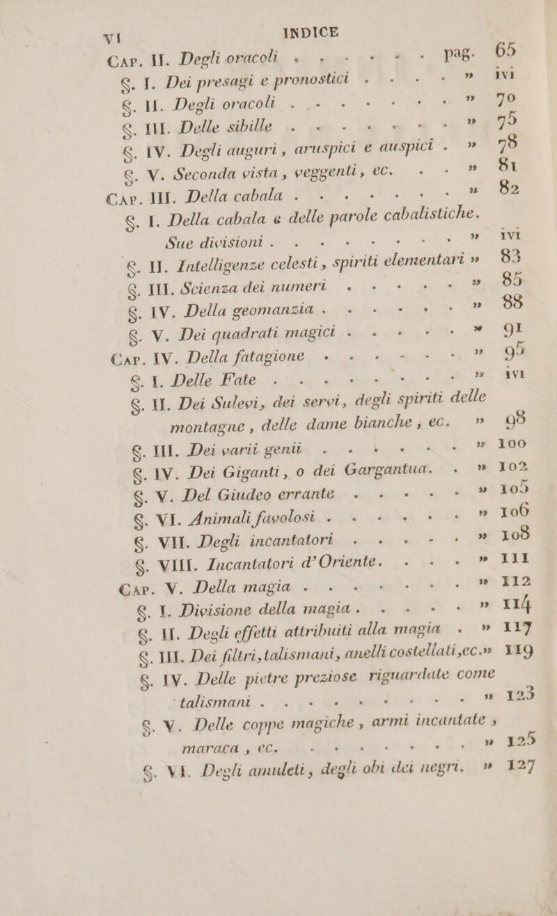 Car. HI. Degli oracoli +. . . + + - P98 S. I. Dei presagi e pronostici (, |... . ® GI. Degli oraooli ce 2200 + Na e S. IM:Delle sibille .. e - n 33? 8. IV. Degli auguri, aruspici € auspici . &gt;» S. V. Seconda vista , veggenti, ec. . - ” Car. IN. Della cabala . . +. » S. I. Della cabala e delle BEL sabati 7 Vi 7) DI S $ $ $ $ $ S- $ A $ $ $ $ $ Sue divisioni. . + RA ag) . IMI, Scienza dei numeri +. +. +... ® . IV. Della geomanzia . . . +... ” . V. Dei quadrati mMABICI hl et IV. Della fatagione +. «i, «= © 1 I Delle Fate ha «i GSO va montagne , delle dame iau) ec.» VII. Degli incantatori . . +. -. -. ” ‘falisiani.- oe Mea E AE FALVARM SIAM dano, ir AL . VI. Degli amuleti, degli obi dei negri. » 125 127