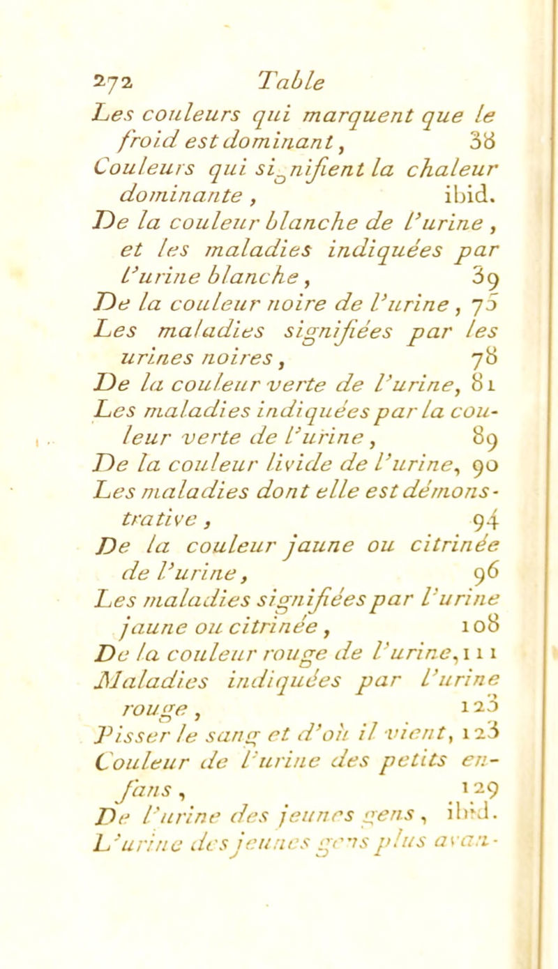 2/2 Table Lies couleurs qui marquent que le fro id est do minant, 3 b Couleurs qui si_^nifient la chaleur dominante, ibid. T)e la couleur blanche de l'urine , et les maladies indiquées par L'urine blanche ^ 89 Tie la couleur noire de l'urine , j5 Les maladies signifiées par les urines noires y 78 De la couleur verte de L'urine, 81 Les maladies indiquées par la cou- leur verte de L'urine, 89 De la couleur livide de L'urine^ 90 Les maladies dont elle est démons- trative , 94 De 1(1 couleur jaune ou citrinée de l'urine, 96 Les maladies si (^nifié es par L'urine jaune ou citnnee, 100 De la couleur rouge de Vurine^ \ 11 Maladies indiquées par L'urine roui^e, Pisser le sang et d'oii il vient, 12:) Couleur de l'urine des petits eu- fans , ^ 1 29 De L'urine des jeunes gens ^ ilirJ. L'urine des jeunes gens plus ava:i-