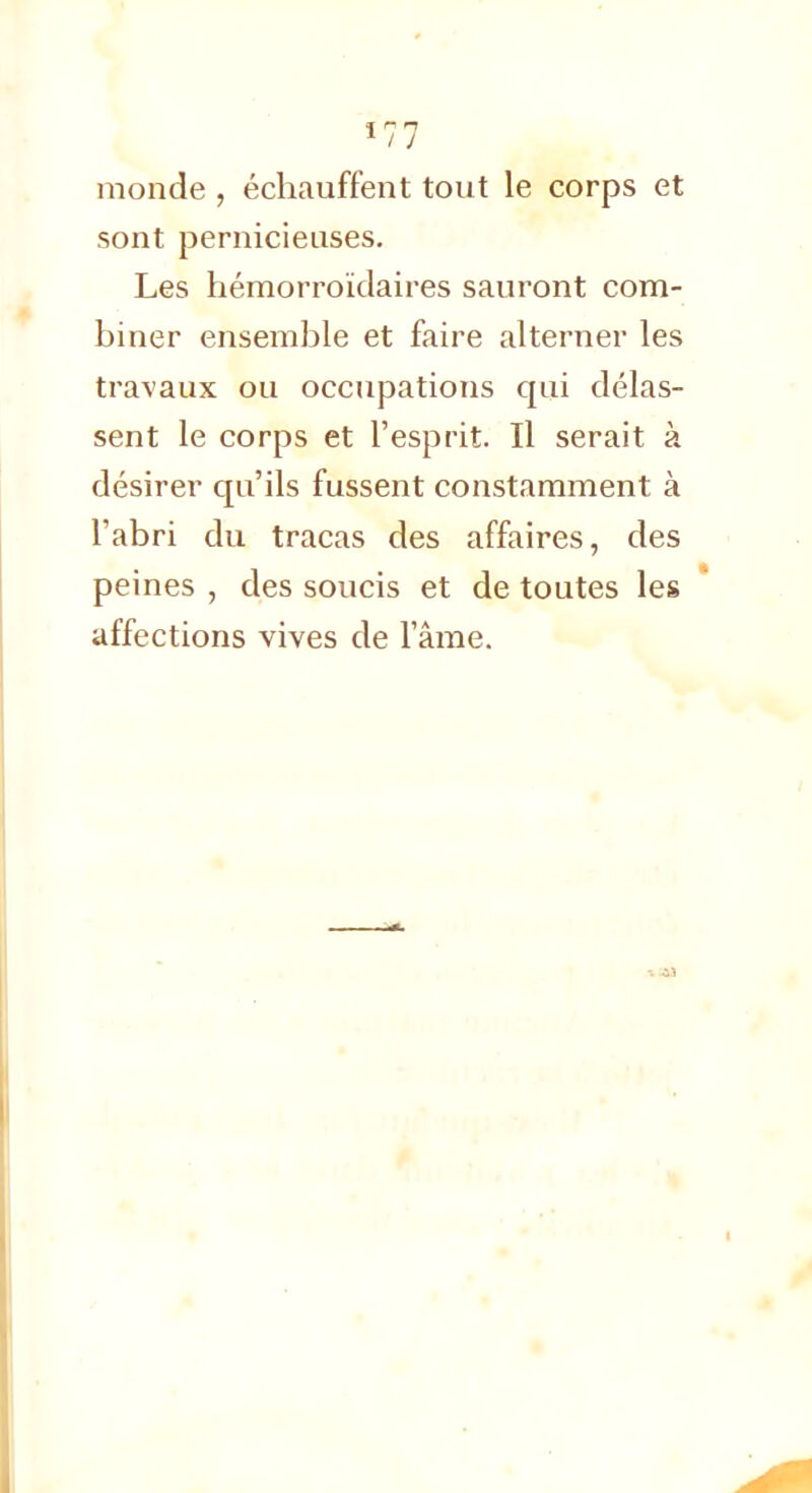 monde , échauffent tout le corps et sont pernicieuses. Les hémorroïdaires sauront com- biner ensemble et faire alterner les travaux ou occupations qui délas- sent le corps et l'esprit II serait à désirer qu'ils fussent constamment à l'abri du tracas des affaires, des peines , des soucis et de toutes les affections vives de l'âme.