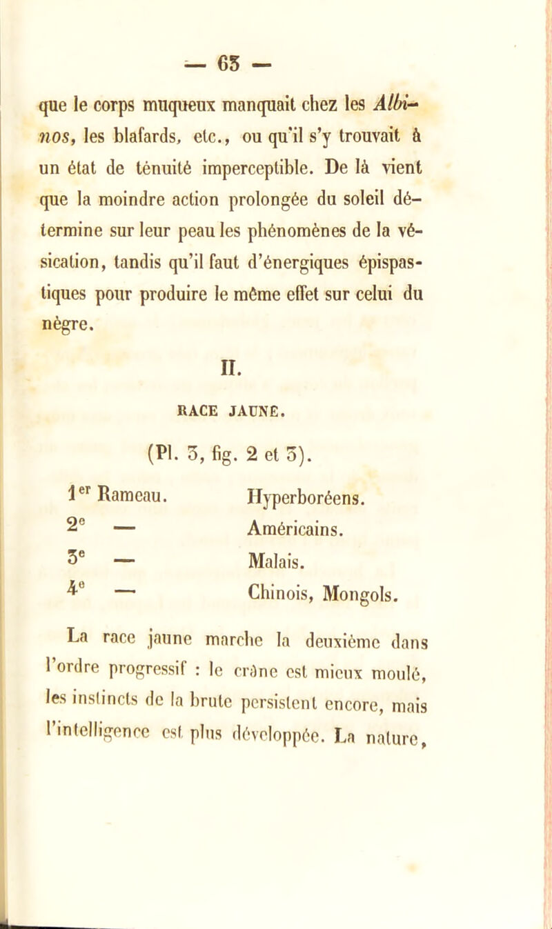 que le corps muqueux manquait chez les Albi- nos, les blafards, etc., ou qu'il s’y trouvait à un état de ténuité imperceptible. De là vient que la moindre action prolongée du soleil dé- termine sur leur peau les phénomènes de la vé- sication, tandis qu’il faut d’énergiques épispas- tiques pour produire le môme effet sur celui du nègre. La race jaune marche la deuxième dans l’ordre progressif : le crâne est mieux moulé, les inslincls de la brute persistent encore, mais l’intelligence est plus développée. La nature, IL RACE JAUNE. (PI. 3, fig. 2 et 5). 1®^ Rameau. 2« — 5® — 4.® Hyperboréens. Américains. Malais. Chinois, Mongols.