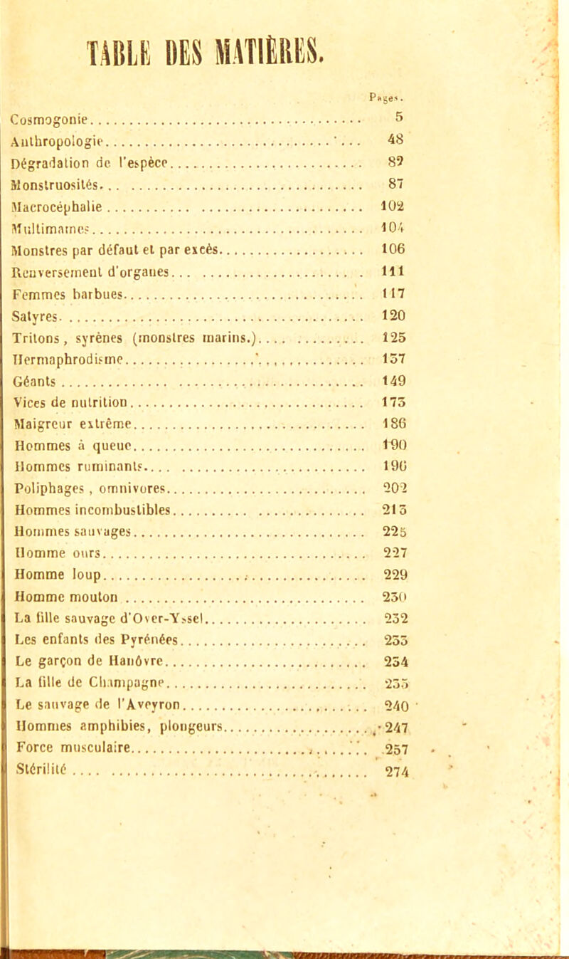 WliLH DES MATIERES P«ses. Cosmogonie 5 Anthropologie 48 Dégradation de. l’espèce 89 Monstruosités 87 Jlacrocéphalie 102 Mullimatncs 104 Monstres par défaut et par excès 106 Ueuverseineut d’organes 111 Femmes barbues ti7 Satyres 120 Tritons, syrènes (monstres marins.) 125 Hermaphrodisme 157 Géants 149 Vices de nutrition 175 Maigreur extrême 186 Hommes à queue 190 Hommes ruminants 196 Poliphages , omnivores 202 Hommes incombustibles 215 Hommes sauvages 225 Homme ours 227 Homme loup 229 Homme mouton 250 La lille sauvage d'Over-Y>sel 252 Les enfants des Pyrénées 255 Le garçon de Hanôvre 254 La fille de Champagne 255 Le sauvage de l’Aveyron 240 ' Hommes amphibies, plongeurs ,-247 Force musculaire ,257 Stérilité 274
