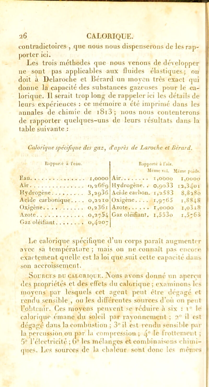 contradictoires , que nous nous dispenserons de les rap- porter ici. Les trois méthodes que nous venons de développer ne sont pas applicables aux fluides élastiques; on doit à Delaroche et Bérard un moyen très exact qui donne la capacité des substances gazeuses pour le ca- lorique. 11 serait trop long de rappeler ici les détails de leurs expériences : ce mémoire a été imprimé dans les annales de chimie de 1813 ; nous nous contenterons de rapporter quelques-uns de leurs résultats dans la table suivante : Calorique spécifique des gaz, d'après de Laroche et Bérard. Rapport ù l’eau. Eau 1,0000 Air 0,2669 Hydrogène 3,2986 Acide carbonique.... 0,2210 Oxigène. . . . o,236i Azote 0,2754 Gaz déifiant 0,4207 Rapporté à l’air. Même Toi. M cmt poids. Air 1,0000 1,0000 Hydrogène. . o,9o33 12,3401 Acide carbon. i,*583 8.8280 Oxigène. . . . 1,9765 1,8848 Azote r,oooo i,o3 18 Gaz olèifiant. i,553o 1,576» Le calorique spécifique d'un corps parait augmenter avec sa température ; mais on ne connaît pas encore exactement quelle est la loi que suit cette capacité dans son accroissement. Soutiers nu calorique. Nous avons donné un aperçu des propriétés et tics effets du calorique ; examinons les moyens par lesquels cet agent peut être dégagé et rendu sensible , ou les différentes sources d'où 011 petit l'obtenir. Ces moyens peuvent se réduire à six : 1 le calorique émane du soleil par rayonnement : A' il est dégagé dans la combustion ; 3” il est rendu sensible pat- in percussion on par la compression ; q Ir frottement ; 5° l’électricité ; t»° les mélanges et combinaisons chimi- ques. Les sources de la chaleur sont donc les mêmes