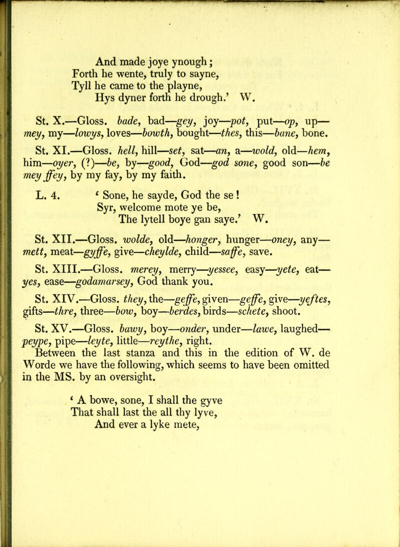 And made joye ynough; Forth he wente, truly to sayne, Tyll he came to the playne, Hys dyner forth he drought W. St. X.—Gloss, bade, bad—gey, joy—pot, put—op, up— mey, my—lowys, loves—bowth, bought—thes, this—bane, bone. St. XI.—Gloss, hell, hill—set, sat—an, a—wold, old—hem, him—oyer, (?)—be, by—good, God—god sone, good son—be meyffey> by my by myfaith- L. 4. c Sone, he sayde, God the se! Syr, welcome mote ye be, The lytell boye gan saye.? W. St. XII.—Gloss, wolde, old—honger, hunger—oney, any— mett, meat—gyffe, give—cheylde, child—saffe, save. St. XIII.—Gloss, merey, merry—yessee, easy—yete, eat— yes, ezse—godamarsey, God thank you. St. XIV.—Gloss, they, the—geffe, given—geffe, give—yeftes, gifts—thre, three—bow, boy—berdes, birds—schete, shoot. St. XV.—Gloss, bawy, boy—onder, under—lawe, laughed— peype, pipe—leyte, little—reythe, right. Between the last stanza and this in the edition of W. de Worde we have the following, which seems to have been omitted in the MS. by an oversight. * A bowe, sone, I shall the gyve That shall last the all thy lyve, And ever a lyke mete,