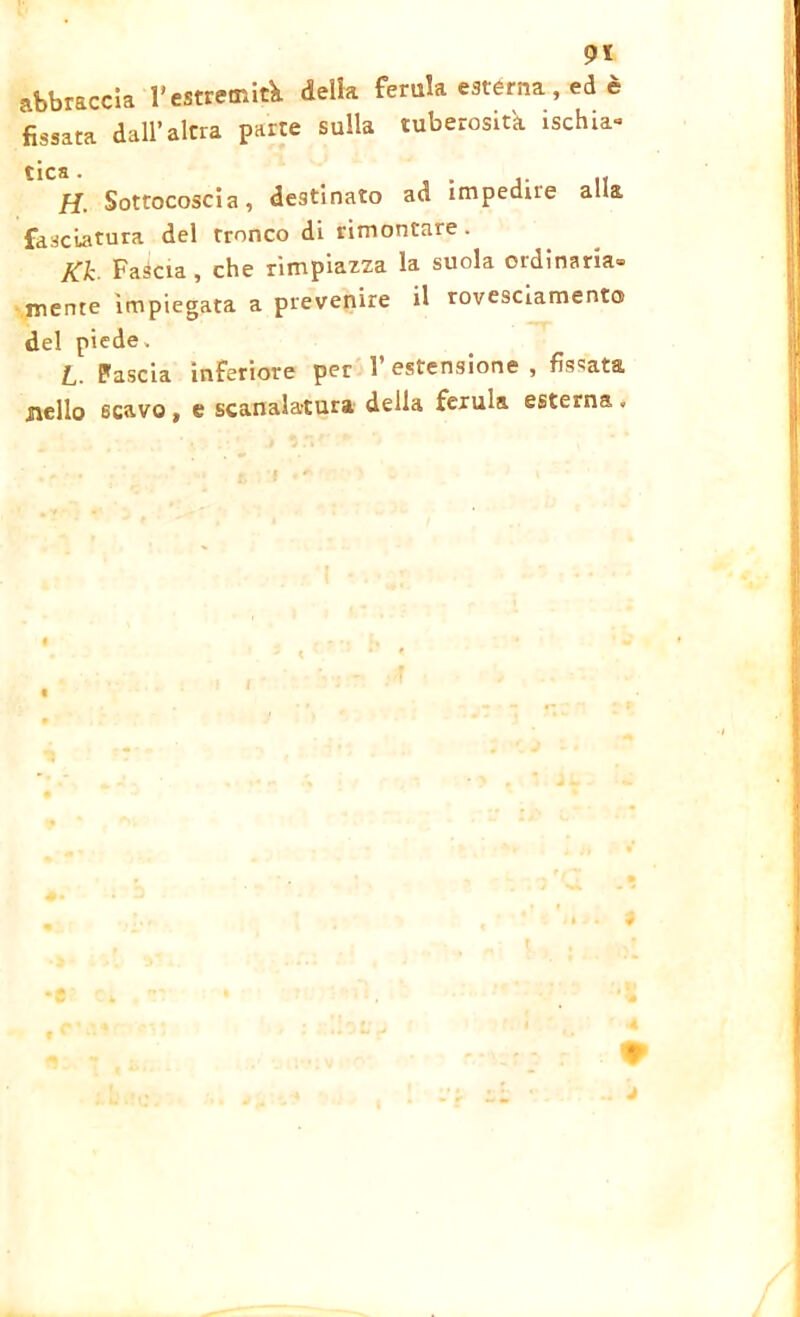 abbraccia l'estremità delia ferula esterna, ed è fissata dall’alcra parte sulla tuberosi isclua- H. Sottocoscia, destinato ad impedire alla fasciatura del tronco di rimontare. Kk. Fascia , che rimpiazza la suola otdinaria® mente impiegata a prevenire il rovesciamento del piede. I. Fascia inferiore per l’estensione , fissata nello scavo, e scanalatura della ferula esterna.