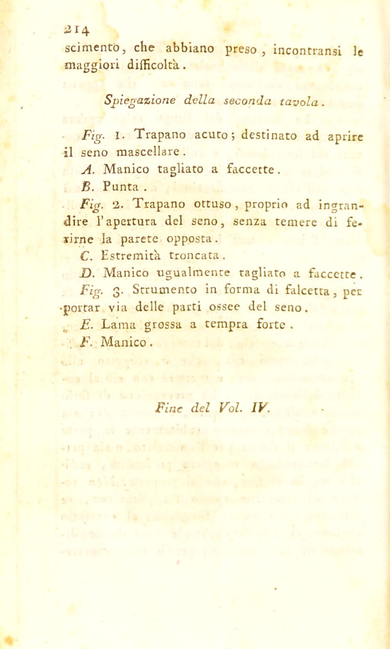 scimentò, che abbiano preso, incontransi le maggiori difficolta. Spiegazione della seconda tavola. Fig. I. Trapano acuto; destinato ad aprire il seno mascellare . A. Manico tagliato a faccette. B. Punta . Fig. 2. Trapano ottuso, proprio ad ingran- dire l’apertura del seno, senza temere di fe- rirne la parete opposta. C. Estremità troncata. D. Manico ugualmente tagliato a faccette . Fig. 3. Strumento in forma di falcetta, per •portar via delle parti ossee del seno. E. Lama grossa a tempra forte . F. Manico. Fine del Voi. IV. 1