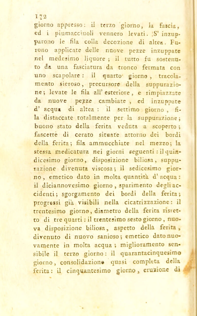 122 giorno appresso: il terzo giorno, la Fascia, ed i piumacciuoli vennero levati. ;S’ inzup- parono le fila colla decozione di altea. Fu- rono applicate delle nuove pe2ze inzuppate nel medesimo liquore ; il tutto fu sostenu- to da una Fasciatura da tronco Fermata con uno scapolare : il quarto- giorno , tracola- mento sieroso, precursore della suppurazio- ne; levate le fila all’esteriore, e rimpiazzate da nuove pezze cambiate , ed inzuppate d’ acqui di altea : il settimo giorno , fi- la distaccate totalmente per la suppurazione; buono stato della ferita veduta a scoperto ; fascette di cerato situate attorno dei bordi della ferita; fila ammucchiate nel mezzo; la stessa medicatura nei giorni seguenti : il quin- dicesimo giorno, disposizione biliosa, suppu- razione divenuta viscosa; il sedicesimo gior- no , emetico dato in molta quantità, d’ acqua : il diciannovesimo giorno , sparimento degli ac- cidenti; sgorgamento dei bordi della ferita; progressi già. visibili nella cicatrizzazione: il trentesimo giorno, diametro della ferita risi et- to di tre quarti : il trentesimo sesto giorno , nuo- va disposizione biliosa, aspetto della ferita, divenuto di nuovo sanioso; emetico dato nuo- vamente in molta acqua ; miglioramento sen- sibile il terzo giorno : il quarantacinquesimo giorno, consolidazione quasi completa della ferita : il cinquantesimo giorno, eruzione di