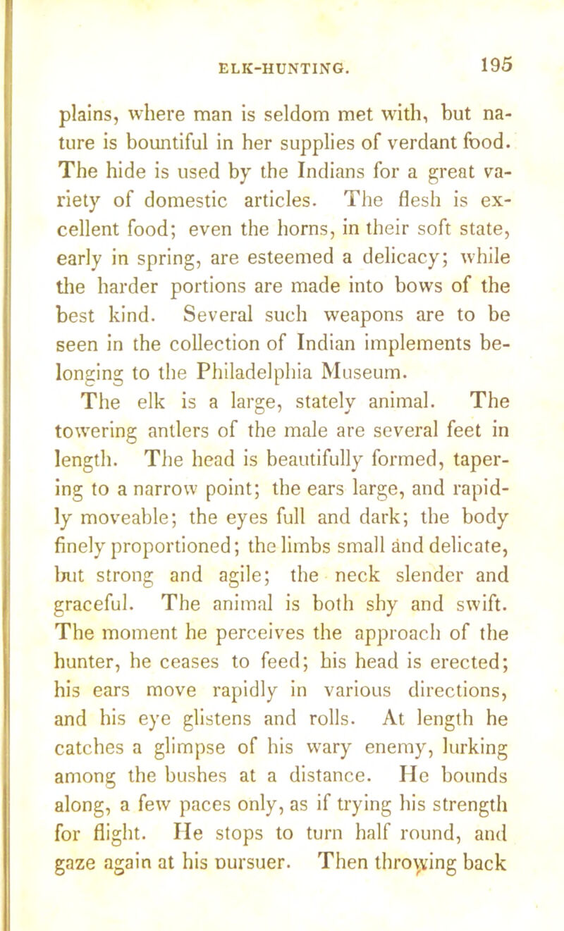 plains, where man is seldom met with, but na- ture is bountiful in her supplies of verdant food. The hide is used by the Indians for a great va- riety of domestic articles. The flesh is ex- cellent food; even the horns, in their soft state, early in spring, are esteemed a delicacy; while the harder portions are made into bows of the best kind. Several such weapons are to be seen in the collection of Indian implements be- longing to the Philadelphia Museum. The elk is a large, stately animal. The towering antlers of the male are several feet in length. The head is beautifully formed, taper- ing to a narrow point; the ears large, and rapid- ly moveable; the eyes full and dark; the body finely proportioned; the limbs small and delicate, but strong and agile; the neck slender and graceful. The animal is both shy and swift. The moment he perceives the approach of the hunter, he ceases to feed; his head is erected; his ears move rapidly in various directions, and his eye glistens and rolls. At length he catches a glimpse of his wary enemy, lurking among the bushes at a distance. He bounds along, a few paces only, as if trying his strength for flight. He stops to turn half round, and gaze again at his Dursuer. Then throwing back