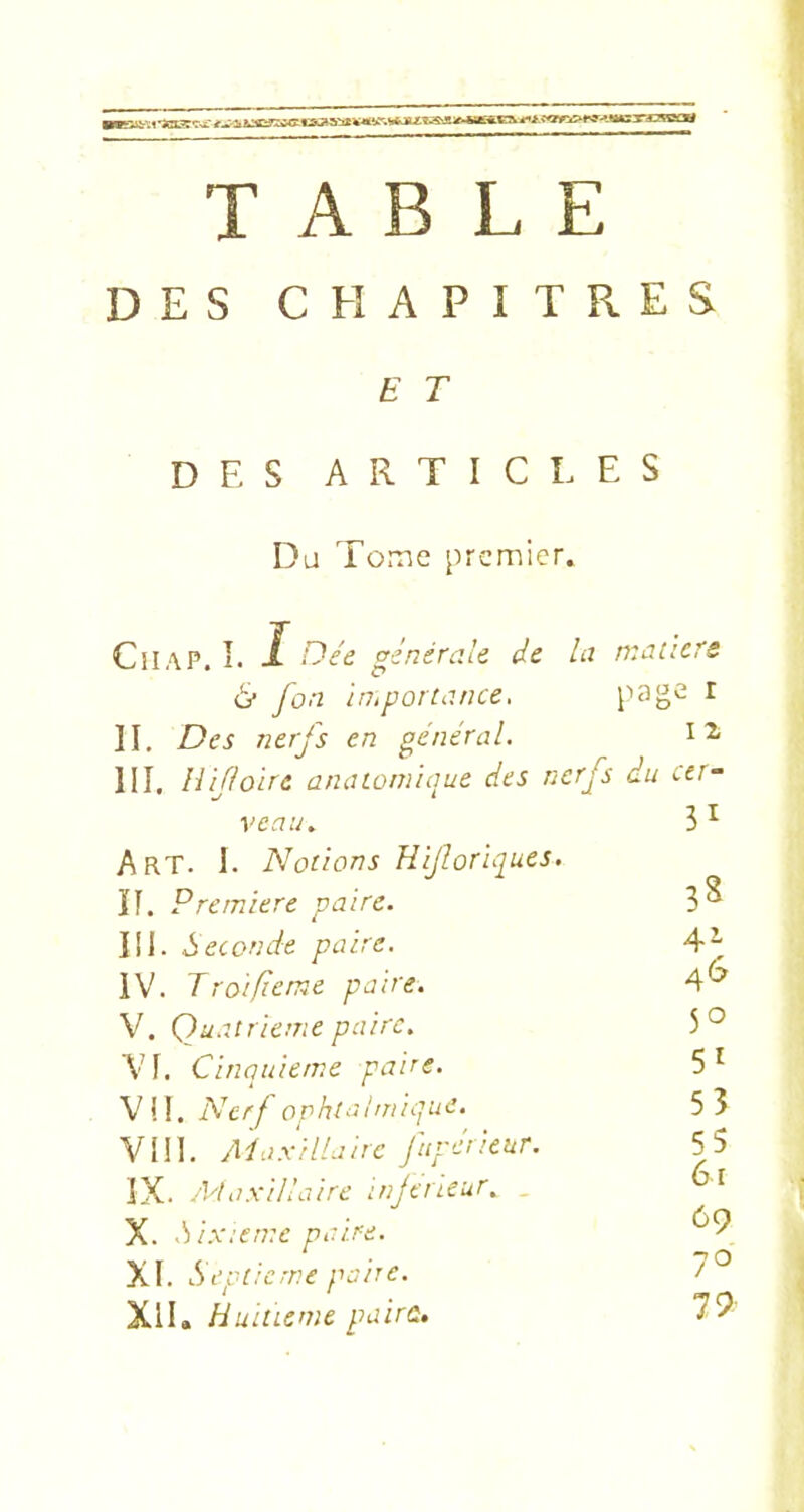 ■■S3Krï1*ÎSBr*: ^ i^ri ». *<r-Tr..-.rg *r'tî+Tf'T' TABLE DES CHAPITRES e r DES ARTICLES Du Tome premier. Chap. I. I Dée générale de la matière & fort importance. page I II. Des nerfs en général. 1 2 III, Hijloirt anatomique des nerfs du cer- veau. 31 Art. I. Notions Hijloriques. II. Première paire. III. Seconde paire. IV. T roi/terne paire. V. Quatrième paire. VI. Cinquième paire. VU. Nerf ophtalmique. VIII. Maxillaire jupeneur. IX. Maxillaire injerieur. X. Sixième paire. XI. Septième paire. XII. Huitième paire. 3* 46 5° 5 1 53 55 61 69 70 79