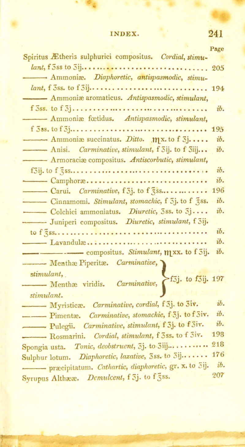 • m •m Page Spiritus JEtheris sulphurici compositus. Cordial, stimu- lant, f 3ss to 3ij 205 Ammoniae. Diaphoretic, antisjiasmodic, slimu- lant, f 3ss. to f 3ij 194 Ammoniae aromaticus. Antispasmodic, stimulant, f 5ss. to f 3j ib. Ammoniae fcetidus, Antisjtasmodic, stimulant, f 3ss. tof3j 195 — Ammoniae succinatus. Ditto. ttpx. to f 3j ib. Anisi. Carminative, stimulant, f 3ij. to f 3iij... ib. Armoraciae compositus. Antiscorbutic, stimulant, f3ij. to f 5SS ib. Camphorae ib. Carui. Carminative, f3j. to f^ss 196 Cinnamomi. Stimulant, stomachic, f 5j. to f j.ss. ib. ■ Colchici ammoniatus. Diuretic, 3ss. to 3j.... ib. Juniperi compositus. Diuretic, stimulant, foij. tof^as ib. Lavandulae ib. compositus. Stimulant, npxx. to f 5ij. ib. Menthae Piperitae. Carminative, stimulant, Menthae viridis. Carminative, stimulant. Myristicae. Carminative, cordial, f 3j. to 3iv. ib. Pimentae. Carminative, stomachic, f5j. tofSiv. ib. . Pulegii. Carminative, stimulant, f 3j. to f 3iv. ib. • Rosmarini. Cordial, stimulant, f 3ss. to f 3iv. 198 Spongia usta. Tonic, deobstruent, 3j. to 3iij 218 Sulphur lotum. Diaphoretic, laxative, 3ss. to 3ij 176 praecipitatum. Catharlic, diaphoretic, gr. x. to 5ij. ib. Syrupus Althaeae. Demulcent, f3j. to f^ss. ‘107