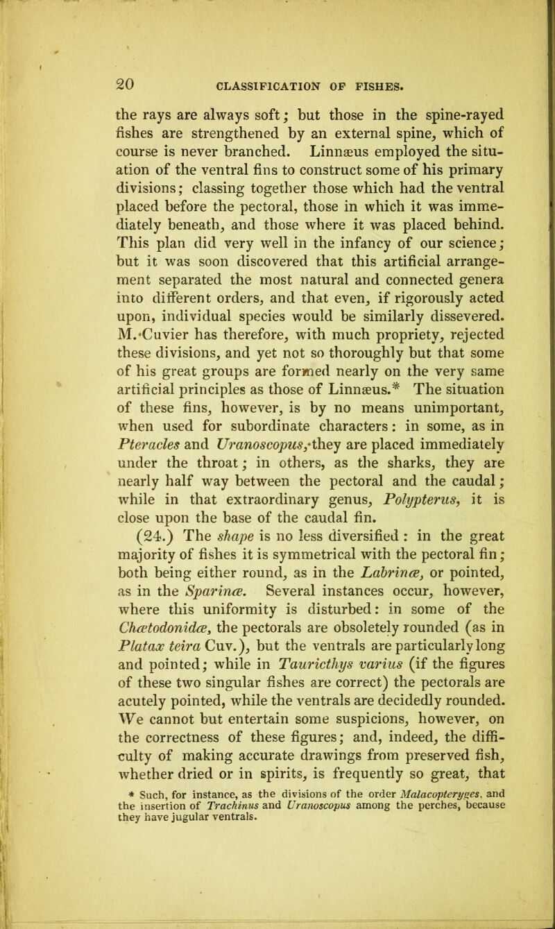 the rays are always soft; but those in the spine-rayed fishes are strengthened by an external spine^ which of course is never branched. Linnaeus employed the situ- ation of the ventral fins to construct some of his primary divisions; classing together those which had the ventral placed before the pectoral, those in which it was imme- diately beneath, and those where it was placed behind. This plan did very well in the infancy of our science; but it was soon discovered that this artificial arrange- ment separated the most natural and connected genera into different orders, and that even, if rigorously acted upon, individual species would be similarly dissevered. M.‘Cuvier has therefore, with much propriety, rejected these divisions, and yet not so thoroughly but that some of his great groups are formed nearly on the very same artificial principles as those of Linnaeus.* The situation of these fins, however, is by no means unimportant, when used for subordinate characters: in some, as in Pteracles and Umnoscopus,*\hQy are placed immediately under the throat; in others, as tlie sharks, they are nearly half way between the pectoral and the caudal; while in that extraordinary genus, Polypterus, it is close upon the base of the caudal fin. (24.) The shape is no less diversified : in the great majority of fishes it is symmetrical with the pectoral fin; both being either round, as in the Labrince^ or pointed, as in the Sparince. Several instances occur, however, where this uniformity is disturbed: in some of the Chcetodonidce^ the pectorals are obsoletely rounded (as in PlataoG teiraC\x\,)y but the ventrals are particularly long and pointed; while in Tauricthys varius (if the figures of these two singular fishes are correct) the pectorals are acutely pointed, while the ventrals are decidedly rounded. We cannot but entertain some suspicions, however, on the correctness of these figures; and, indeed, the diffi- culty of making accurate drawings from preserved fish, whether dried or in spirits, is frequently so great, that * Such, for instance, as the divisions of the order Malacopteryges, and the insertion of Trachinus and Uramscopus among the perches, because they have jugular ventrals.