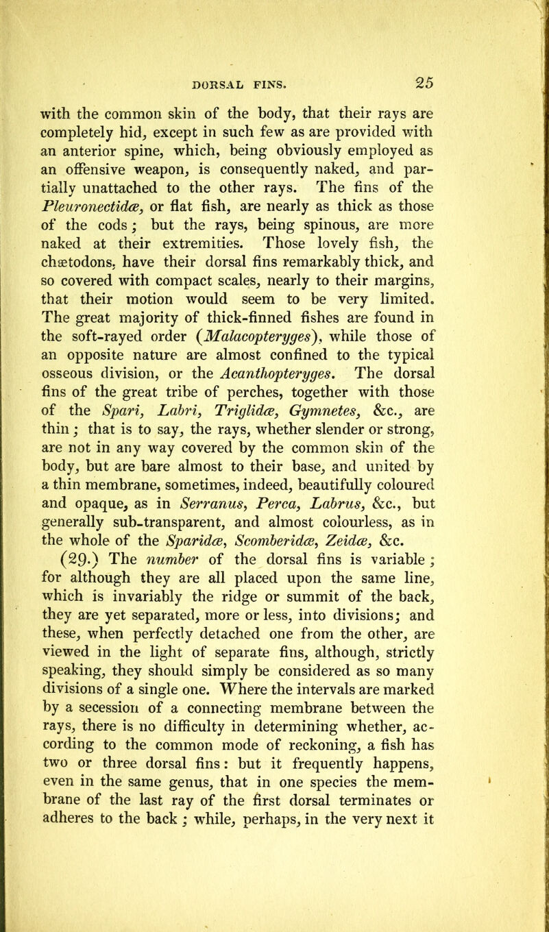 with the common skin of the body, that their rays are completely hid^ except in such few as are provided with an anterior spine, which, being obviously employed as an offensive weapon, is consequently naked, and par- tially unattached to the other rays. The fins of the PleuronectidcB, or flat fish, are nearly as thick as those of the cods; but the rays, being spinous, are more naked at their extremities. Those lovely fish, the chffitodons. have their dorsal fins remarkably thick, and so covered with compact scales, nearly to their margins, that their motion would seem to be very limited. The great majority of thick-finned fishes are found in the soft-rayed order (^Malacopteryges), while those of an opposite nature are almost confined to the typical osseous division, or the Acanthopteryges, The dorsal fins of the great tribe of perches, together with those of the Spari, Labri, Triglidce, Gymnetes^ &c., are thin j that is to say, the rays, whether slender or strong, are not in any way covered by the common skin of the body, but are bare almost to their base, and united by a thin membrane, sometimes, indeed, beautifully coloured and opaque, as in Serranus^ Perea, Labrus, &c., hut generally sub-transparent, and almost colourless, as in the whole of the Sparidee^ Scomberidee, Zeidee, &c. (29.) The number of the dorsal fins is variable ; for although they are all placed upon the same line, which is invariably the ridge or summit of the back, they are yet separated, more or less, into divisions; and these, when perfectly detached one from the other, are viewed in the light of separate fins, although, strictly speaking, they should simply be considered as so many divisions of a single one. Where the intervals are marked by a secession of a connecting membrane between the rays, there is no difficulty in determining whether, ac- cording to the common mode of reckoning, a fish has two or three dorsal fins: but it frequently happens, even in the same genus, that in one species the mem- brane of the last ray of the first dorsal terminates or adheres to the back ; while, perhaps, in the very next it