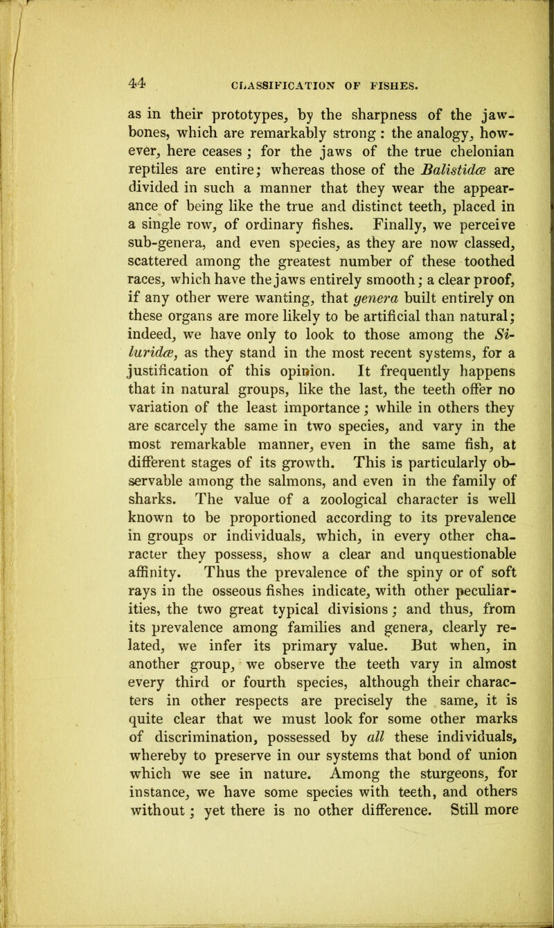 as in their prototypes, by the sharpness of the jaw- bones, which are remarkably strong : the analogy, how- ever, here ceases ; for the jaws of the true chelonian reptiles are entire; whereas those of the Balistidce are divided in such a manner that they wear the appear- ance of being like the true and distinct teeth, placed in a single row, of ordinary fishes. Finally, we perceive sub-genera, and even species, as they are now classed, scattered among the greatest number of these toothed races, which have the jaws entirely smooth; a clear proof, if any other were wanting, that genera built entirely on these organs are more likely to be artificial than natural; indeed, we have only to look to those among the Si- luridcBj as they stand in the most recent systems, for a justification of this opinion. It frequently happens that in natural groups, like the last, the teeth offer no variation of the least importance; while in others they are scarcely the same in two species, and vary in the most remarkable manner, even in the same fish, at different stages of its growth. This is particularly ob- servable among the salmons, and even in the family of sharks. The value of a zoological character is well known to be proportioned according to its prevalence in groups or individuals, which, in every other cha- racter they possess, show a clear and unquestionable affinity. Thus the prevalence of the spiny or of soft rays in the osseous fishes indicate, with other peculiar- ities, the two great typical divisions; and thus, from its prevalence among families and genera, clearly re- lated, we infer its primary value. But when, in another group, we observe the teeth vary in almost every third or fourth species, although their charac- ters in other respects are precisely the same, it is quite clear that we must look for some other marks of discrimination, possessed by all these individuals, whereby to preserve in our systems that bond of union which we see in nature. Among the sturgeons, for instance, we have some species with teeth, and others without; yet there is no other difference. Still more