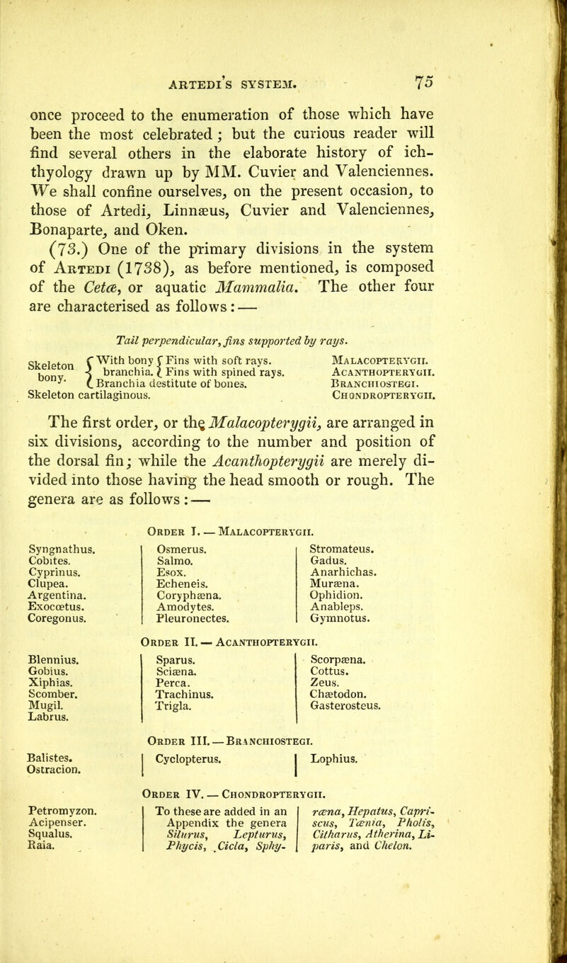 once proceed to the enumeration of those which have been the most celebrated; but the curious reader will find several others in the elaborate history of ich- thyology drawn up by MM. Cuvier and Valenciennes. We shall confine ourselves^ on the present occasion_, to those of Artedh Linnaeus, Cuvier and Valenciennes, Bonaparte, and Oken. (73.) One of the primary divisions in the system of Artedi (1738), as before mentioned, is composed of the CetcB, or aquatic Mammalia, The other four are characterised as follows: — Tail 'perpendicular^ jins supported by rays. cvQiafrvr, V With bony f Fins with soft rays. bony. -< branchia. 1 Fins with spined rays. CBranchia destitute of bones. Skeleton cartilaginous. Malacopterygii. Acanthopterygii. Branchiostegi. Chojvdropterygii. The first order, or ^^Malacopterygii, are arranged in six divisions, according to the number and position of the dorsal fin; while the Acanthopterygii are merely di- vided into those having the head smooth or rough. The genera are as follows : •— Syngnathus. Cobites. Cyprinus. Clupea. Argentina. Exocoetus. Coregonus. Blennius. Gobius. Xiphias. Scomber. Mugil. Labrus. Order I. — Malacopterygii. Osmerus. Salmo. Esox. Echeneis. Coryphasna. Amodytes. Pleuronectes. Stromateus. Gadus. Anarhichas. Mursena. Ophidion. Anableps, Gymnotus. Order II. — Acanthopterygii. Spams. Sciaena. Perea. Trachinus. Trigla. Scorprena. Cottus. Zeus. Chaetodon. Gasterosteus. Order III. — Branchiostegi. Balistes. I Cyclopterus. I Lophius. Ostracion. I I Petromyzon. Acipenser. Squalus. Raia. Order IV. — Chondropterygii. To these are added in an I rcena^Hepatus^ Capri- Appendix the genera sens, Tcenia, Pholis^ Silurus, Lepturus^ Citharus, Atherina^ LU Phycis, Cicla^ Sphy. | pariSy and Chelon.