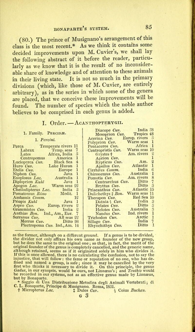 (80.) The prince of Musignano’s arrangement of this class is the most recent.* As we think it contains some decided improvements upon M. Cuvier s, we shall lay the following abstract of it before the reader^ particu- larly as we know that it is the result of no inconsider- able share of knowledge and of attention to these animals in their living state. It is not so much in the primary divisions (which^ like those of M. Cuvier^ are entirely arbitrary), as in the series in which some of the genera are placed, that we conceive these improvements will be found. The number of species which the noble author believes to he comprised in each genus is added. I. Order. — Acanthopterygii. Diacope Cuv. India 38 1. Family. PERCIDffl. Mesoprion Cuv. Tropics 48 1 'Ppv/'ivti Acerina Cuv. Europ. rivers 3 Polyprion Cuv. Warm seas 1 Perea Temperate rivers 11 Pentaceros Cuv. Africa 1 Labrax Temp, seas 7 Centropristis Cuv. Warm seas 10 Lates Africa, India 3 Grystes f Am. rivers 2 Centropomus America 1 Aprion Cuv. 1 Lucioperca Cuv. Black Sea 4 Rypticus Cuv. Am. 2 Huro Cuv. Lake Huron 1 Apsilus Cuv. Atlantic 1 Etelis Cuv. Europe 1 Cirrhites Comm. India 6 Niphon Cuv. Java 1 Chironemus Cuv.- Australia 1 Enoplosus Lac. Australia 1 Pomotis Cuv. Am. rivers 8 Diploprion Kuhl Java 1 Centrarchus Cuv. Ditto 7 Apogon Lac. Warm seas 22 Bryttus Cuv. Ditto 3 Cheilodipterus Lac. India 3 Priacanthus Cuv. Atlantic 15 Pomatomus Risso Medit. 1 Dulichethys X Bon. Warm seas 11 Ambassis Comm. 12 Therapon Cuv. Red Sea 10 Priopis Kuhl Java 1 Datnia § Cuv. India 3 Aspro Cuv. Europ. rivers 2 Pelates Cuv. Ditto 3 Grammistes Cuv. India o Helotes Cuv. Australia 3 Anthias Bon. Ind., Am., Eur. 7 Nandus Cuv. Ind. rivers 1 Serranus Cuv. All seas 22 Trichodon Cuv. Arctic 1 Merrus Cuv. Ditto 98 Sillago Cuv. India 7 Plectropoma Cuv. Ind., Am, 14 Rhynchithys Cuv. Ditto 1 as the former, although on a different ground. If a genus is to be divided, the divider not only affixes his own name as founder of the new group, but he does the same to the original one; so that, in fact, the merit of the original founder of the genus is completely cancelled, and the generic name, although retained, seems as if it originated solely in him who divides it. If this is once allowed, there is no calculating the confusion, not to say the injustice, that will follow: the fame or reputation of no one, who has de- fined and named a group, is safe; since it may be cancelled by the very first who thinks it necessary to divide it. On this principle, the genus Gadus, in our synopsis, would be ours, not Linnaeus’s ; and Teuthis would be recorded in our systems, not as an effective genus made by Linnaeus, but by Bonaparte. * Saggio di Una Distribuzione Metodica degli Animali Vertebrati; di C. L. Bonaparte, Principe di Musignano. Roma, 1831. f Micropterus Lac. $ Dules Cuv. § Coins Buchan.