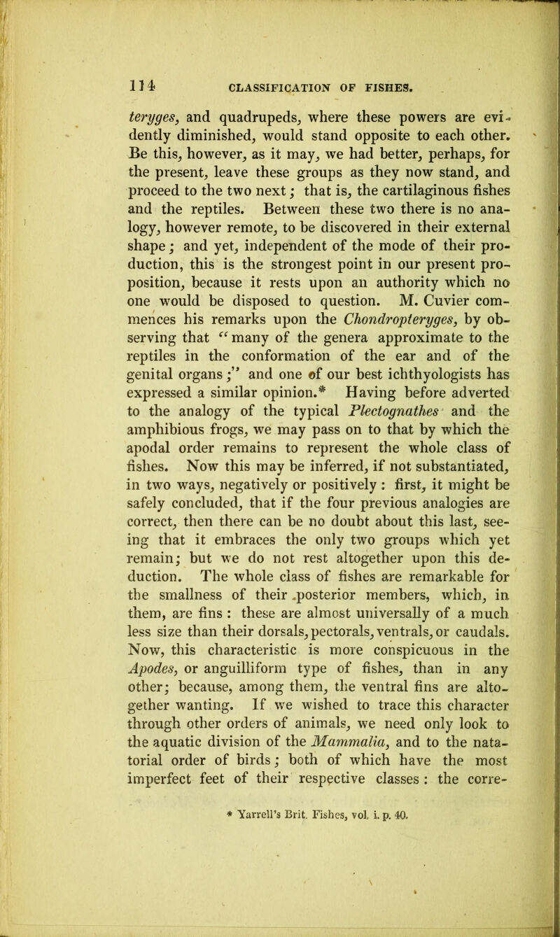 teryges, and quadrupeds,, where these powers are evi-« dently diminished, would stand opposite to each other. Be this, however, as it may, we had better, perhaps, for the present, leave these groups as they now stand, and proceed to the two next; that is, the cartilaginous fishes and the reptiles. Between these two there is no ana- logy, however remote, to be discovered in their external shape; and yet, independent of the mode of their pro- duction, this is the strongest point in our present pro- position, because it rests upon an authority which no one would be disposed to question. M. Cuvier com- mences his remarks upon the Chondropteryges, by ob- serving that many of the genera approximate to the reptiles in the conformation of the ear and of the genital organsand one of our best ichthyologists has expressed a similar opinion.* Having before adverted to the analogy of the typical Flectognathes and the amphibious frogs, we may pass on to that by which the apodal order remains to represent the whole class of fishes. Now this may be inferred, if not substantiated, in two ways, negatively or positively : first, it might be safely concluded, that if the four previous analogies are correct, then there can be no doubt about this last, see- ing that it embraces the only two groups which yet remain; but we do not rest altogether upon this de- duction. The whole class of fishes are remarkable for the smallness of their .posterior members, which, in them, are fins : these are almost universally of a much less size than their dorsals, pectorals, ventrals, or caudals. Now, this characteristic is more conspicuous in the Apodes, or anguilliform type of fishes, than in any other; because, among them, the ventral fins are alto- gether wanting. If we wished to trace this character through other orders of animals, we need only look to the aquatic division of the Mammalia, and to the nata- torial order of birds; both of which have the most imperfect feet of their respective classes : the corre-