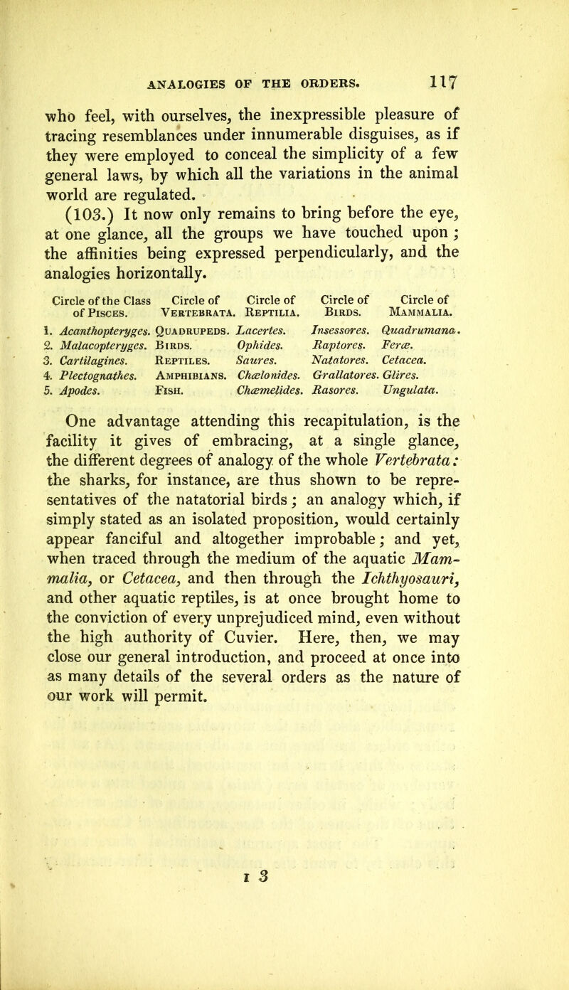 who feel, with ourselves, the inexpressible pleasure of tracing resemblances under innumerable disguises, as if they were employed to conceal the simplicity of a few general laws, by which aU the variations in the animal world are regulated. (103.) It now only remains to bring before the eye, at one glance, all the groups we have touched upon ; the affinities being expressed perpendicularly, and the analogies horizontally. Circle of the Class Circle of Circle of Circle of Circle of of Pisces. Vertebrata. Reptilia. Birds. Mammalia. 1. Acanthopteryges. Quadrupeds. Lacertes. Jnsessores, Quadrumana. 2. Malacopteryges. Birds. Ophides. Raptores. Ferce. 3. Cartilagines. Reptiles. Saures. Natatores. Cetacea. 4. Plectognathes. Amphibians. Cheelonides- Grallatores. Glires. 5. Apodes. Fish. Cheemelides. Rasores. Ungulata. One advantage attending this recapitulation, is the facility it gives of embracing, at a single glance, the different degrees of analogy of the whole Vertebrata: the sharks, for instance, are thus shown to be repre- sentatives of the natatorial birds; an analogy which, if simply stated as an isolated proposition, would certainly appear fanciful and altogether improbable; and yet, when traced through the medium of the aquatic Mam- malia, or Cetacea, and then through the Ichthyosauri, and other aquatic reptiles, is at once brought home to the conviction of every unprejudiced mind, even without the high authority of Cuvier. Here, then, we may close our general introduction, and proceed at once into as many details of the several orders as the nature of our work will permit.