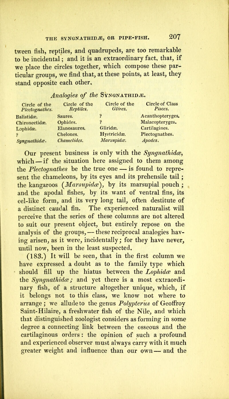 tween fish, reptfies, and quadrupeds, are too remarkable to be incidental; and it is an extraordinary fact, that, if we place the circles together, which compose these par- ticular groups, we find that, at these points, at least, they stand opposite each other. Analogies of the Syngnathid^. Circle of the Plectognathes. Balistidas. Chironectidae. Lophidae. ? Syngnathidcs. Circle of the Reptiles. Saures. Ophides. Elanosaures. Chelones. Chamelides. Circle of the G lives. ? ? Gliridae. Hystricidae. Marsupidce. Pisces. Acanthopteryges. Malacopteryges. Cartilagines. Plectognathes. Apodes. Our present business is only with the Syngnathidce^ which — if the situation here assigned to them among the Plectognathes be the true one — is found to repre- sent the chameleons, by its eyes and its prehensile tail; the kangaroos (^Marsupldai), by its marsupial pouch ; and the apodal fishes, by its want of ventral fins, its eel-like form, and its very long tail, often destitute of a distinct caudal fin. The experienced naturalist will perceive that the series of these columns are not altered to suit our present object, hut entirely repose on the analysis of the groups, — these reciprocal analogies hav- ing arisen, as it were, incidentally; for they have never, until now, been in the least suspected. (183.) It win be seen, that in the first column we have expressed a doubt as to the family type which should fill up the hiatus between the LophidcB and the Syngnathidce; and yet there is a most extraordi- nary fish, of a structure altogether unique, which, if it belongs not to this class, we know not where to arrange ; we allude to the genus Polypterus of Geoifroy Saint-Hilaire, a freshwater fish of the Nile, and which that distinguished zoologist considers as forming in some degree a connecting link between the osseous and the cartilaginous orders: the opinion of such a profound and experienced observer must always carry with it much greater weight and influence than our own—^ and the