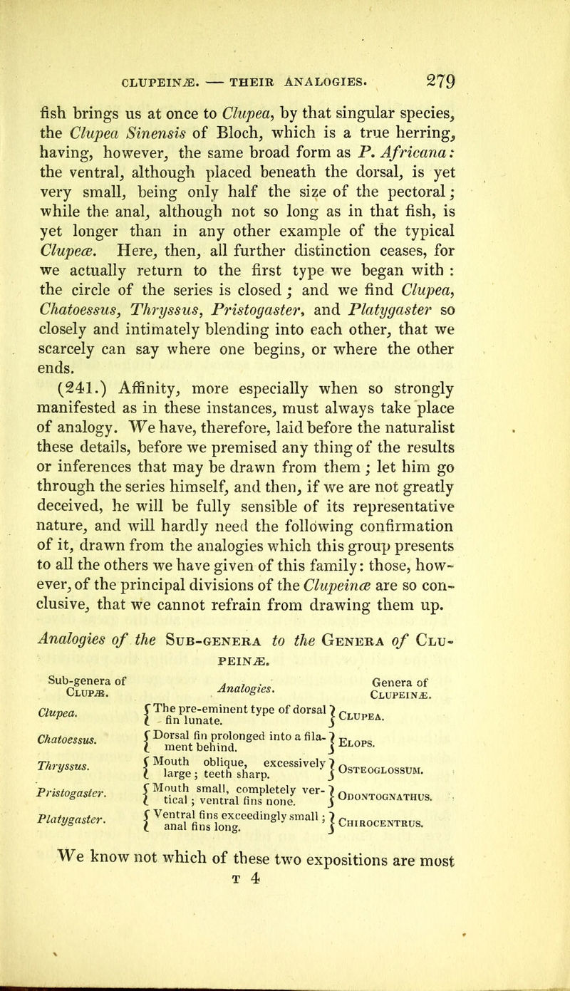 fish brings us at once to Clupea, by that singular species^ the Clupea Sinensis of Bloch, which is a true herring, having, however, the same broad form as P. Africana: the ventral, although placed beneath the dorsal, is yet very small, being only half the size of the pectoral; while the anal, although not so long as in that fish, is yet longer than in any other example of the typical ClupecB. Here, then, all further distinction ceases, for we actually return to the first type we began with : the circle of the series is closed; and we find Clupea^ Chatoessus, Thryssus, Pristogaster^ and Platygaster so closely and intimately blending into each other, that we scarcely can say where one begins, or where the other ends. (241.) Affinity, more especially when so strongly manifested as in these instances, must always take place of analogy. We have, therefore, laid before the naturalist these details, before we premised any thing of the results or inferences that may be drawn from them; let him go through the series himself, and then, if we are not greatly deceived, he will be fully sensible of its representative nature, and will hardly need the following confirmation of it, drawn from the analogies which this group presents to all the others we have given of this family: those, how- ever, of the principal divisions of \heClupeincB are so con- clusive, that we cannot refrain from drawing them up. Analogies of the Sub-genera to the Genera of Clu- PEIN^. Sub-genera of CLUPiB. Analogies. «“i. Clupea. f The pre-eminent type of dorsal 7 , 1 fin lunate. j Clupea. Chatoessus. C Dorsal fin prolonged into a fila- 7 1 ment behind. j Elops. Thryssus. f Mouth oblique, excessively 7 ^ i large ; teeth sharp. ‘ j Osteoglossum. Pristogaster. C Mouth small, completely ver-7 1 tical; ventral fins none j Odontognathus. Platygaster. C Ventral fins exceedingly .small: 7 ^ 1 anal fins long. ^ j Chirocentrus. We know not which of these two expositions are most T 4