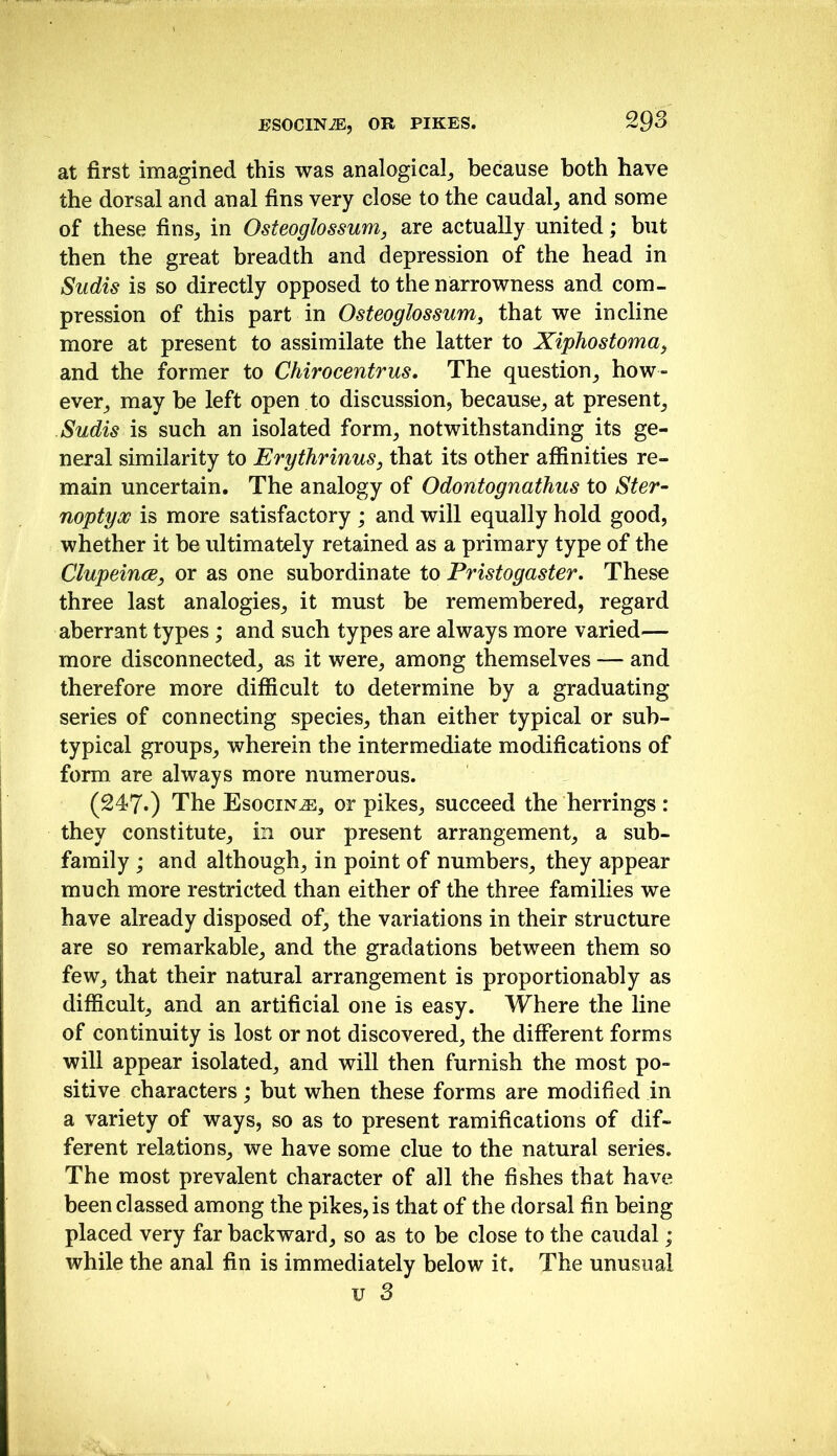 at first imagined this was analogical^ because both have the dorsal and anal fins very close to the caudal_, and some of these fins, in Osteoglossum, are actually united; but then the great breadth and depression of the head in Sudis is so directly opposed to the narrowness and com- pression of this part in Osteoglossum, that we incline more at present to assimilate the latter to Xiphostoma, and the former to Chirocentrus, The question, how- ever, may he left open to discussion, because, at present, Sudis is such an isolated form, notwithstanding its ge- neral similarity to Erythrinus, that its other affinities re- main uncertain. The analogy of Odontognathus to Ster- noptyw is more satisfactory ; and will equally hold good, whether it be ultimately retained as a primary type of the Clupeince, or as one subordinate to Pristogaster, These three last analogies, it must be remembered, regard aberrant types; and such types are always more varied— more disconnected, as it were, among themselves — and therefore more difficult to determine by a graduating series of connecting species, than either typical or sub- typical groups, wherein the intermediate modifications of form are always more numerous. (247.) The Esocin^, or pikes, succeed the herrings : they constitute, in our present arrangement, a sub- family ; and although, in point of numbers, they appear much more restricted than either of the three families we have already disposed of, the variations in their structure are so remarkable, and the gradations between them so few, that their natural arrangement is proportionahly as difficult, and an artificial one is easy. Where the line of continuity is lost or not discovered, the different forms will appear isolated, and will then furnish the most po- sitive characters; but when these forms are modified in a variety of ways, so as to present ramifications of dif- ferent relations, we have some clue to the natural series. The most prevalent character of all the fishes that have been classed among the pikes, is that of the dorsal fin being placed very far backward, so as to be close to the caudal; while the anal fin is immediately below it. The unusual V 3