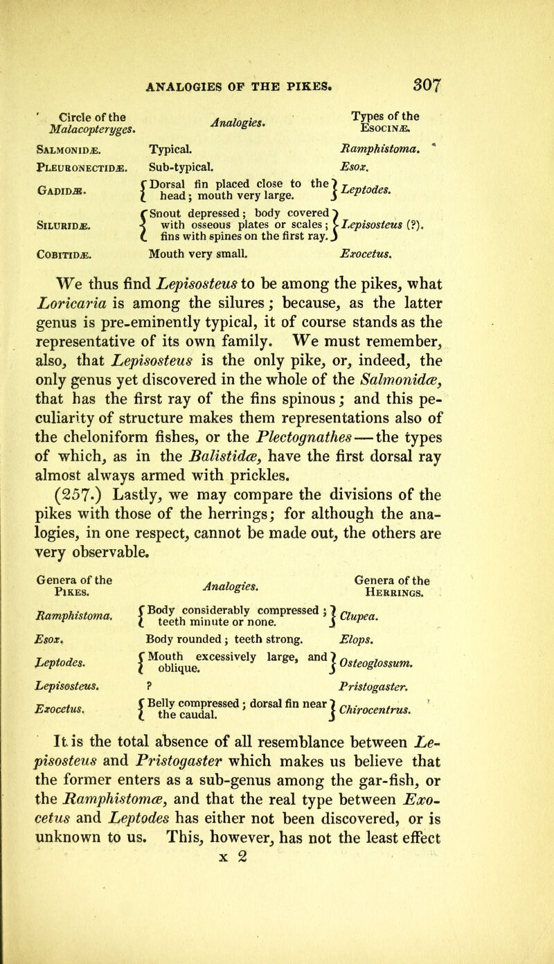Circle of the Malacopteryges. Analogies. Types of the EsociNiE. SALMONlDiE. Pleuronectidje. Gadid^. Typical. Sub-typical. Dorsal fin placed close to the head; mouth very large. Ramphistoma. * Esox. Leptodes. SiLURIDiB. COBITIDiE. ‘Snout depressed; body covered^ with osseous plates or scales; >Eepisosteus (?). fins with spines on the first ray. j Mouth very small. Exocetus. We thus find Lepisosteus to be among the pikes^ what Loricaria is among the silures; because^ as the latter genus is pre-eminently typical, it of course stands as the representative of its own family. We must remember, also, that Lepisosteus is the only pike, or, indeed, the only genus yet discovered in the whole of the SalmonidcB, that has the first ray of the fins spinous; and this pe- culiarity of structure makes them representations also of the cheloniform fishes, or the Plectognathes — the types of which, as in the Balistidce, have the first dorsal ray almost always armed with prickles. (257*) Lastly, we may compare the divisions of the pikes with those of the herrings; for although the ana- logies, in one respect, cannot be made out, the others are very observable. Genera of the Pikes. Analogies. Genera of the Herrings. Esox. Body rounded j teeth strong. Elops. leptodes. ‘^^Osteoglossum. Lepisosteus. ? Pristogaster. Exocetm. Chirocentrus. It is the total absence of all resemblance between Le- pisosteus and Pristogaster which makes us believe that the former enters as a sub-genus among the gar-fish, or the RamphistomcBj and that the real type between Exo^ cetus and Leptodes has either not been discovered, or is unknown to us. This, however, has not the least effect