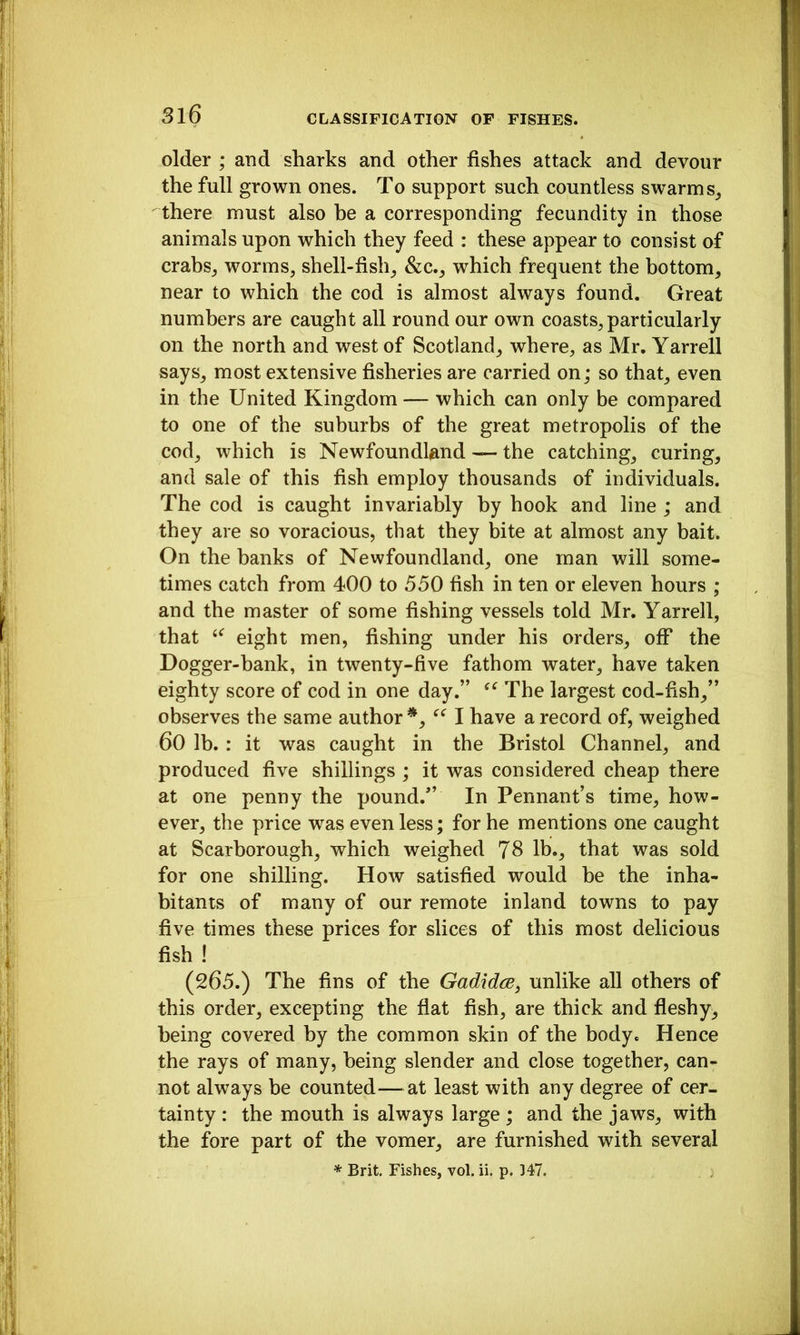 older ; and sharks and other fishes attack and devour the full grown ones. To support such countless swarm s_, there must also be a corresponding fecundity in those animals upon which they feed : these appear to consist of crabs^ worms, shell-fish, &c., which frequent the bottom, near to which the cod is almost always found. Great numbers are caught all round our own coasts, particularly on the north and west of Scotland, where, as Mr. Yarrell says, most extensive fisheries are carried on; so that, even in the United Kingdom — which can only be compared to one of the suburbs of the great metropolis of the cod, which is Newfoundland — the catching, curing, and sale of this fish employ thousands of individuals. The cod is caught invariably by hook and line ; and they are so voracious, that they bite at almost any bait. On the banks of Newfoundland, one man will some- times catch from 400 to 550 fish in ten or eleven hours ; and the master of some fishing vessels told Mr. Yarrell, that eight men, fishing under his orders, off the Dogger-bank, in twenty-five fathom water, have taken eighty score of cod in one day.” The largest cod-fish,” observes the same author*, I have a record of, weighed 60 lb. : it was caught in the Bristol Channel, and produced five shillings ; it was considered cheap there at one penny the pound.” In Pennant’s time, how- ever, the price was even less; for he mentions one caught at Scarborough, which weighed 78 lb«, that was sold for one shilling. How satisfied would be the inha- bitants of many of our remote inland towns to pay five times these prices for slices of this most delicious fish ! (265.) The fins of the Gadidce, unlike all others of this order, excepting the flat fish, are thick and fleshy, being covered by the common skin of the body. Hence the rays of many, being slender and close together, can- not always be counted—^^at least with any degree of cer- tainty : the mouth is always large; and the jaws, with the fore part of the vomer, are furnished with several * Brit. Fishes, vol. ii. p. 347.