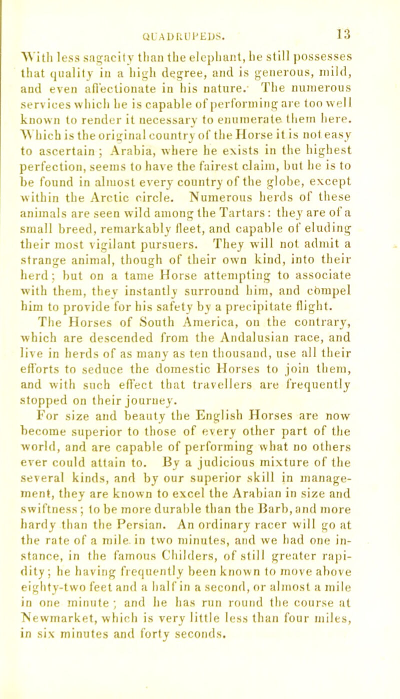With less sagacity than the elephant, he still possesses that quality in a high degree, and is generous, mild, and even affectionate in his nature. The numerous services which he is capable of performing are too wel I known to render it uecessary to enumerate them here. Which is the original country of the Horse it is not easy to ascertain ; Arabia, where he exists in the highest perfection, seems to have the fairest claim, but he is to be found in almost every country of the globe, except within the Arctic circle. Numerous herds of these animals are seen wild among the Tartars : they are of a small breed, remarkably fleet, and capable of eluding their most vigilant pursuers. They will not admit a strange animal, though of their own kind, into their herd; but on a tame Horse attempting to associate with them, they instantly surround him, and cbmpel him to provide for his safety by a precipitate flight. The Horses of South America, on the contrary, which are descended from the Andalusian race, and live in herds of as many as ten thousand, use all their efforts to seduce the domestic Horses to join them, and with such effect that travellers are frequently stopped on their journey. For size and beauty the English Horses are now become superior to those of every other part of the world, and are capable of performing what no others ever could attain to. By a judicious mixture of the several kinds, and by our superior skill in manage- ment, they are known to excel the Arabian in size and swiftness ; to be more durable than the Barb, and more hardy than the Persian. An ordinary racer will go at the rate of a mile, in two minutes, and we had one in- stance, in the famous Childers, of still greater rapi- dity; he having frequently been known to move above eighty-two feet and a half in a second, or almost a mile in one minute ; and he has run round the course at Newmarket, which is very little less than four miles, in six minutes and forty seconds.