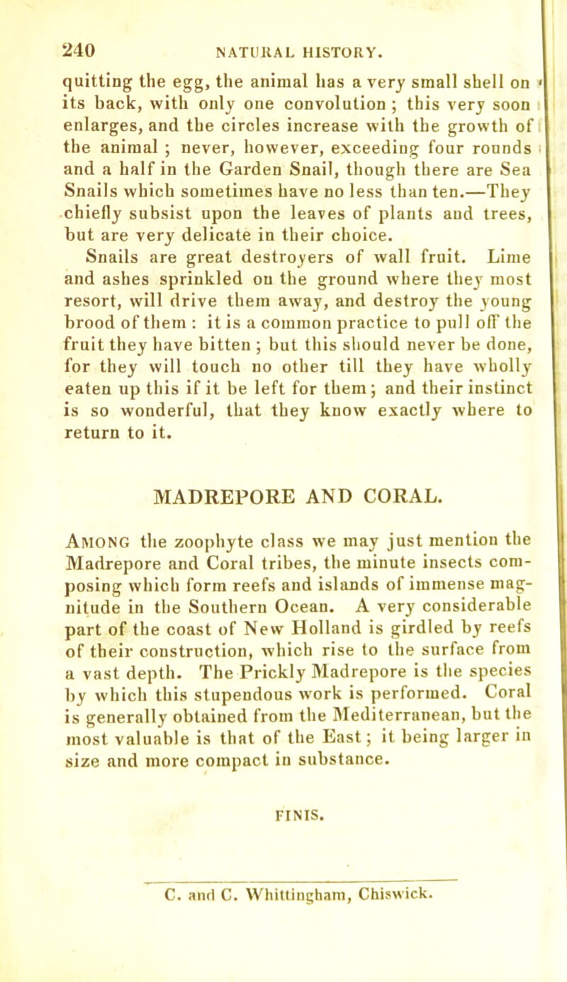 quitting the egg, the animal has a very small shell on • its back, with only one convolution ; this very soon enlarges, and the circles increase with the growth of the animal ; never, however, exceeding four rounds and a half in the Garden Snail, though there are Sea Snails which sometimes have no less than ten.—They chiefly subsist upon the leaves of plants and trees, but are very delicate in their choice. Snails are great destroyers of wall frnit. Lime and ashes sprinkled on the ground where theyT most resort, will drive them away, and destroy the young brood of them : it is a common practice to pull oil’ the fruit they have bitten ; but this should never be done, for they will touch no other till they have wholly eaten up this if it be left for them ; and their instinct is so wonderful, that they know exactly where to return to it. MADREPORE AND CORAL. Among the zoophyte class we may just mention the Madrepore and Coral tribes, the minute insects com- posing which form reefs and islands of immense mag- nitude in the Southern Ocean. A very considerable part of the coast of New Holland is girdled by reefs of their construction, which rise to the surface from a vast depth. The Prickly Madrepore is the species by which this stupendous work is performed. Coral is generally obtained from the Mediterranean, but the most valuable is that of the East; it being larger in size and more compact in substance. FINIS. C. and C. Whittingham, Chiswick.