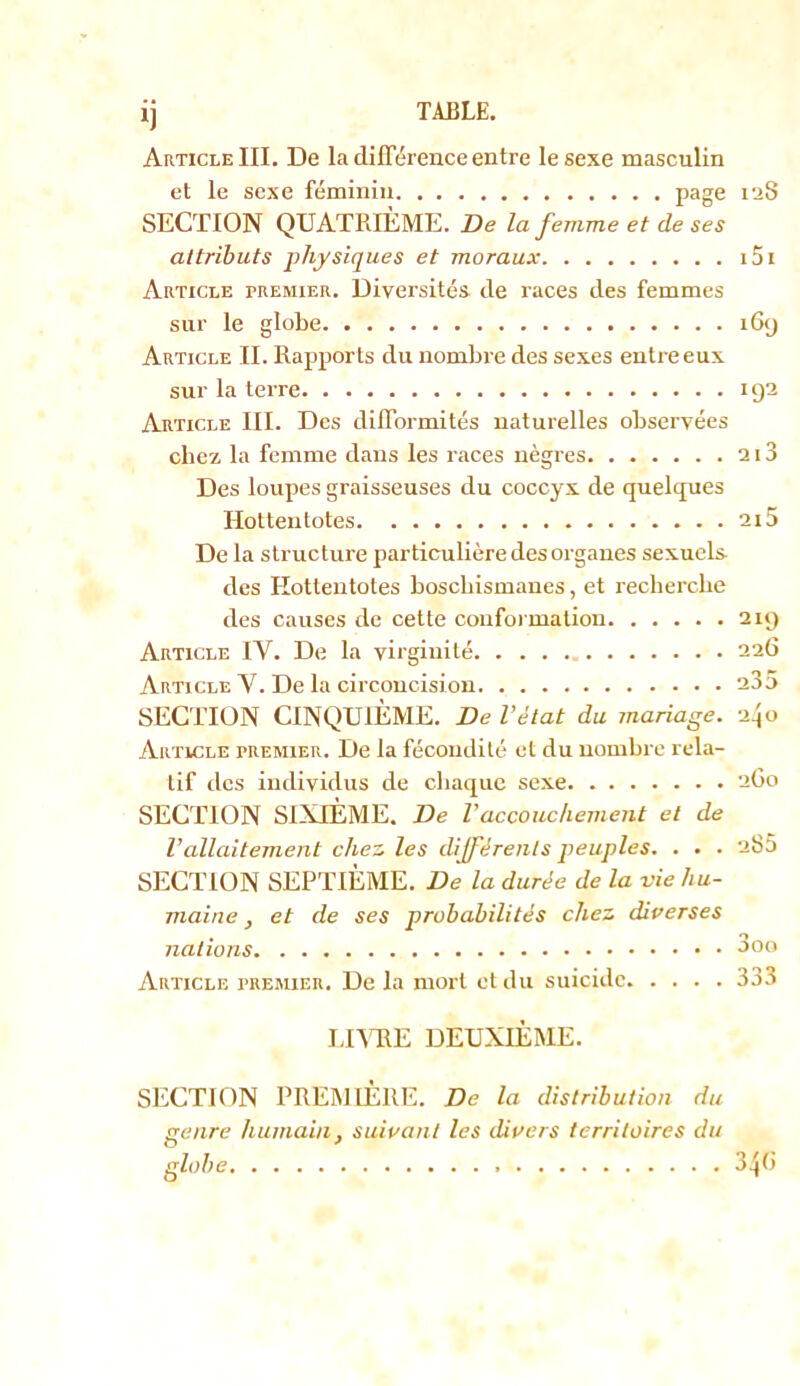Article III. De la différence entre le sexe masculin et le sexe féminin pag6 laS SECTION QUATRIÈME. De la femme et de ses attributs physiques et moraux i5i Article premier. Diversités de races des femmes sur le globe iGy Article II. Rapports du nombre des se.xes entre eux sur la terre 192 Article III. Des difformités naturelles observées chez la femme dans les races nègres 2i3 Des loupes graisseuses du coccyx de quelques Hotteutotes 215 De la structure particulière des organes sexuels des Hotteutotes boscbismaues, et recbercbe des causes de cette confoi matiou 219 Article IV. De la virginité 226 Article V. De la circoncision 23a SECTION CINQUIÈME. De l’état du jnariage. 2^0 Article premier. De la fécondité et du nombre rela- tif des individus de cliaquc sexe 2G0 SECTION SIXIEME. De l'accouchement et de Vallaitement chez les différents peuples. . . . 285 SECTION SEPTIÈME. De la durée de la vie hu- maine , et de ses probabilités chez diverses nations 3oo Article premier. De la mort et du suicide 333 LnUE DEUXUiME. SECTION PREMIÈRE. De la distribution du genre humain, suivant les divers territoires du globe 34G