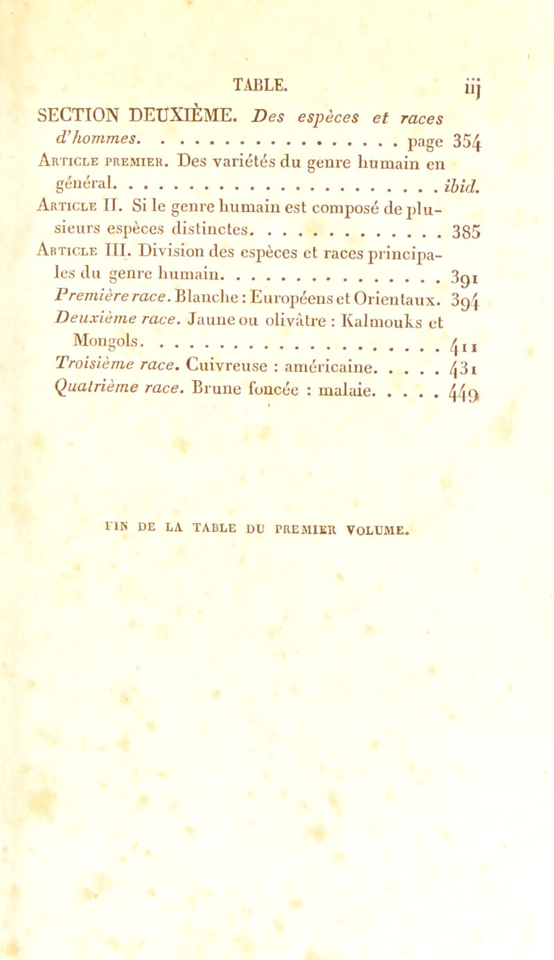 TABLE. iij SECTION DEUXIÈME. Des espèces et races d’hommes page 354 Article premier. Des variétés du genre humain en général iUd. Article II. Si le genre humain est composé de plu- sieurs espèces distinctes 385 Article III. Division des espèces et races principa- les du genre humain Premièrerace. Blanche ; Européensct Orientaux. 3g4 Deuxième race. Jaune ou olivâtre : Kalmouks et Mongols Troisième race. Cuivreuse : américaine 43i Quatrième race. Brune foncée : malaie 44 9 IIN DE LA TABLE DU PREMIER VOLUME.