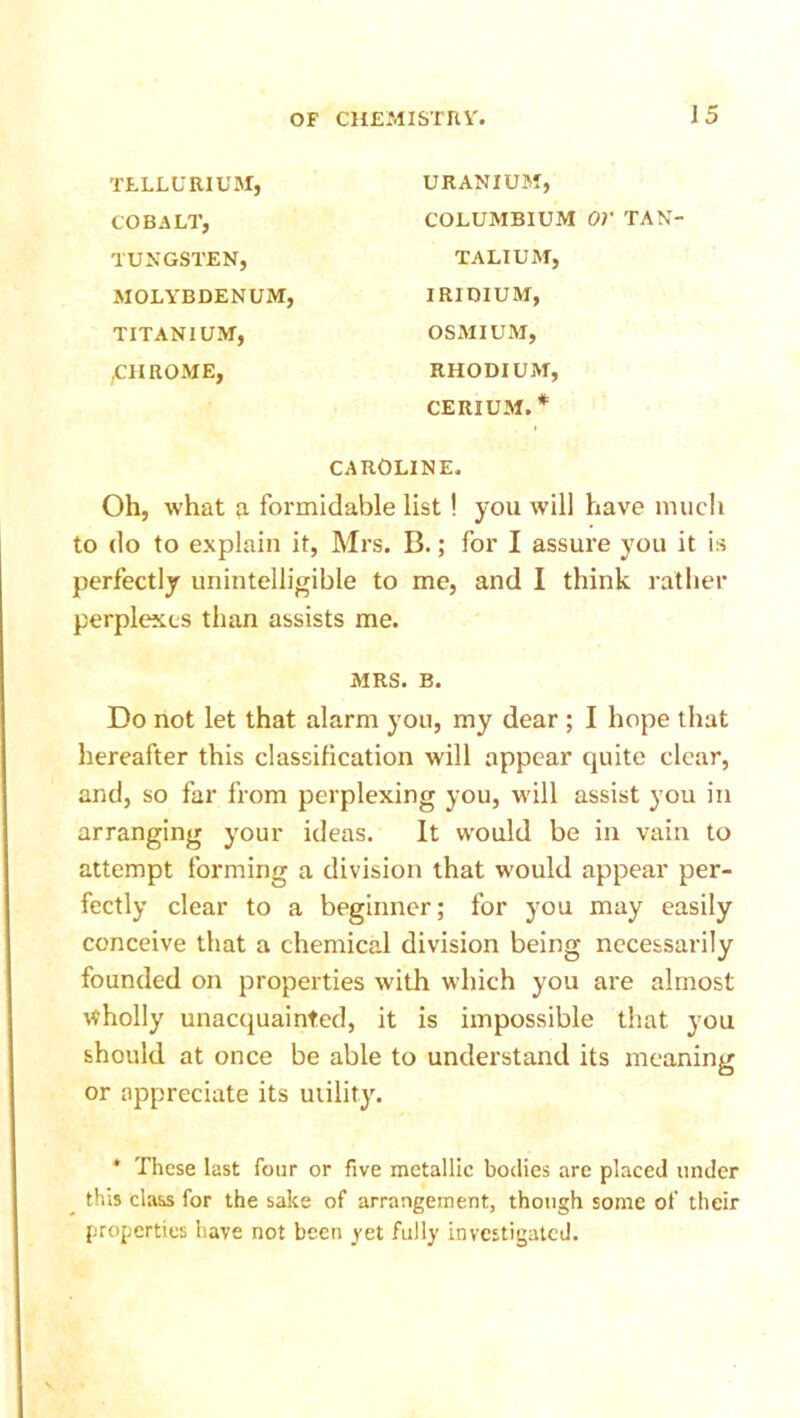 URANIUM, COLUMBIUM OV TAN- TALI UM, IRIDIUM, OSMIUM, RHODIUM, CERIUM.* CAROLINE, Oh, what a formidable list ! you will have much to do to explain it, Mrs. B.; for I assure you it is perfectly unintelligible to me, and I think rather perplexes than assists me. MRS. B. Do not let that alarm you, my dear ; I hope that hereafter this classification will appear quite clear, and, so far from perplexing you, will assist you in arranging your ideas. It would be in vain to attempt forming a division that would appear per- fectly clear to a beginner; for you may easily conceive that a chemical division being necessarily founded on properties with which you are almost wholly unacquainted, it is impossible that you should at once be able to understand its meaning or appreciate its utility. * These last four or five metallic bodies are placed under this class for the sake of arrangement, though some of their properties have not been yet fully investigated. TELLURIUM, COBALT, TUNGSTEN, MOLYBDENUM, TITANIUM, ,CHROME,