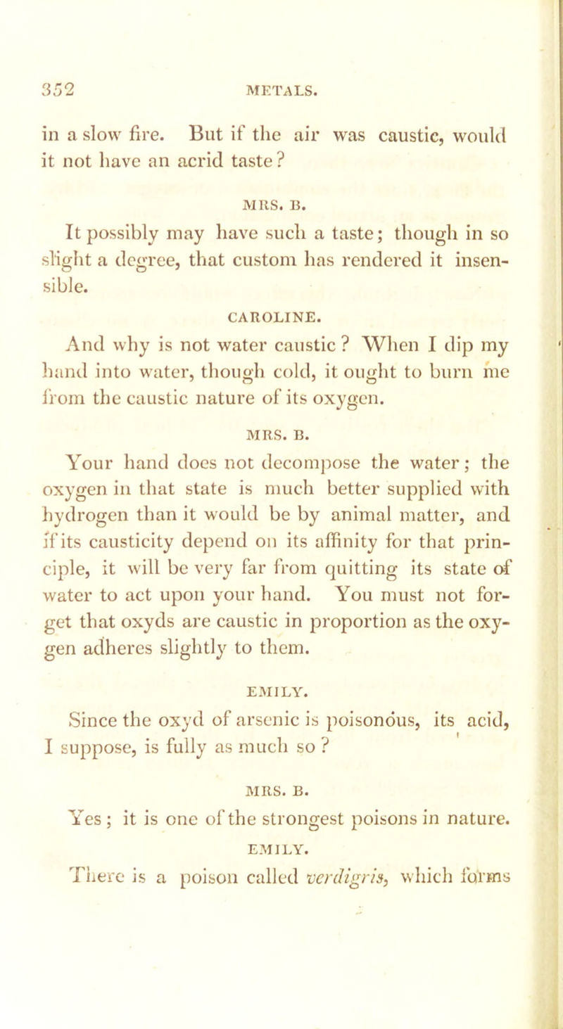 in a slow fire. But if the air was caustic, would it not have an acrid taste ? MRS. B. It possibly may have such a taste; though in so slight a degree, that custom has rendered it insen- sible. CAROLINE. And why is not water caustic ? When I dip my hand into water, though cold, it ought to bum me from the caustic nature of its oxygen. MRS. B. Your hand docs not decompose the water; the oxygen in that state is much better supplied with hydrogen than it would be by animal matter, and jf its causticity depend on its affinity for that prin- ciple, it will be very far from quitting its state of water to act upon your hand. You must not for- get that oxyds are caustic in proportion as the oxy- gen adheres slightly to them. EMILY. Since the oxyd of arsenic is poisonous, its acid, I suppose, is fully as much so ? MRS. B. Yes ; it is one of the strongest poisons in nature. EMILY. There is a poison called verdigris, which forms
