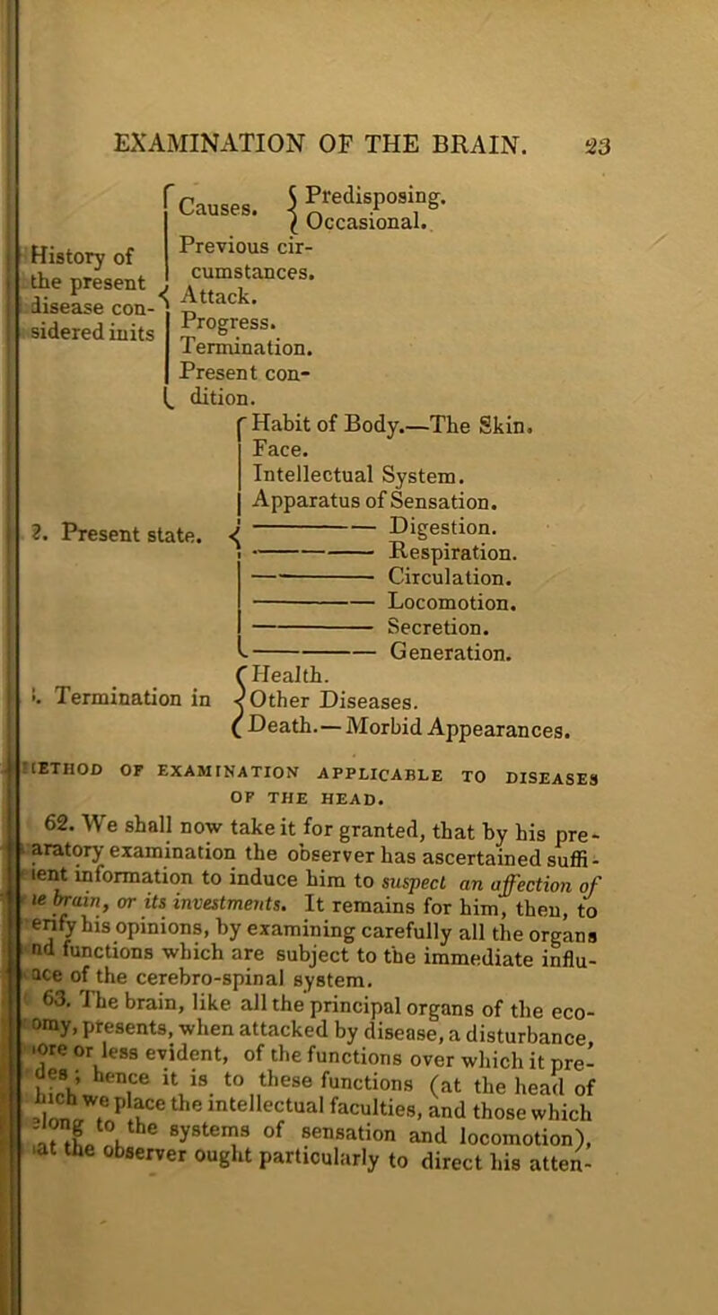 History of the present Causes. S Predisposing. I Occasional. Previous cir- cumstances. .disease con sidered inits Progress. Termination. Present con- dition. Habit of Body.—The Skin. Face. Intellectual System. Apparatus of Sensation. 2. Present state. < Digestion. Respiration. Circulation. Locomotion. Secretion. Generation. r Health. Termination in Other Diseases. ( Death.—Morbid Appearances. tlETHOD OP EXAMINATION APPLICABLE TO DISEASES OF THE HEAD. 62. We shall now take it for granted, that by his pre- :aratory examination the observer has ascertained suffi- lent information to induce him to suspect an affection of le ^in, or its investments. It remains for him, then, to enfy his opinions, by examining carefully all the organs nd functions which are subject to the immediate influ- ttce of the cerebro-spinal system. 63, The brain, like all the principal organs of the eco- ' omy, presents, when attacked by disease, a disturbance •ore or less evident, of the functions over wliich it pre- hfphL 1 ® functions (at the head of nnl f ® intellectual faculties, and those which sensation and locomotion), .at the observer ought particularly to direct his atten-