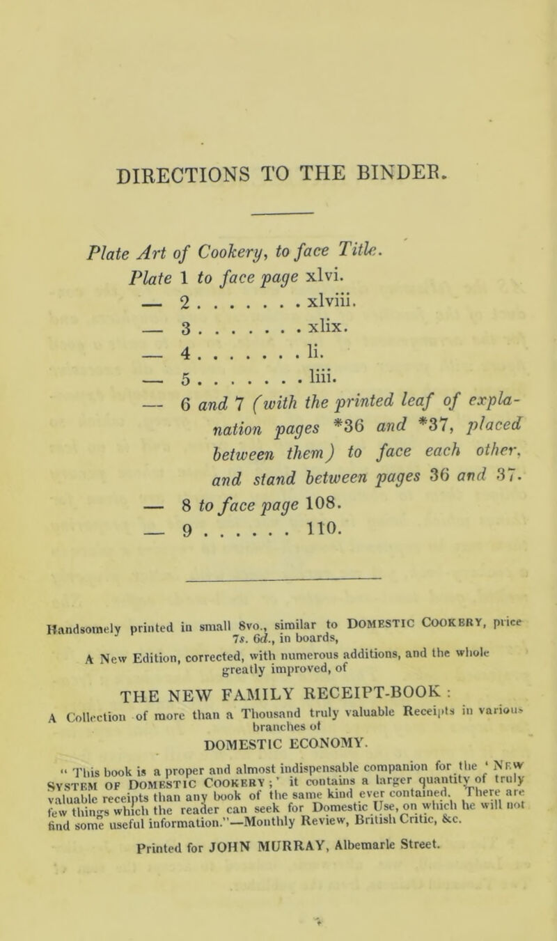 Plate Art of Cookery, to face Title. Plate 1 to face page xlvi. 2 xlviii. 3 xlix. _ 4 li. — 5 liii- — 6 and 7 (with the printed leaf of expla- nation pages *36 and *37, placed, between them) to face each other, and stand between pages 36 and 37- — 8 <0 face page 108. — 9 no. Handsomely printed in small 8vo., similar to DOMESTIC CkK)KBBY, price Is. Od., in boards, A New Edition, corrected, with numerous additions, and the whole greatly improved, of THE NEW FAMILY RECEIPT-BOOK : A Collection of more than a Thousand truly valuable Recei|.ls in various branches ot DOMESTIC ECONOMY. “ This book is a proper and almost indispensable companion for the • New System of Domestic Cookery;’ it contains a larger quantity of truly valuable receipts than any book of the same kind ever contained There are few things which the reader can seek for Domestic Use, on which he will not find some useful information.”—Monthly Review, British Critic, &c. Printed for JOHN MURRAY, Albemarle Street.