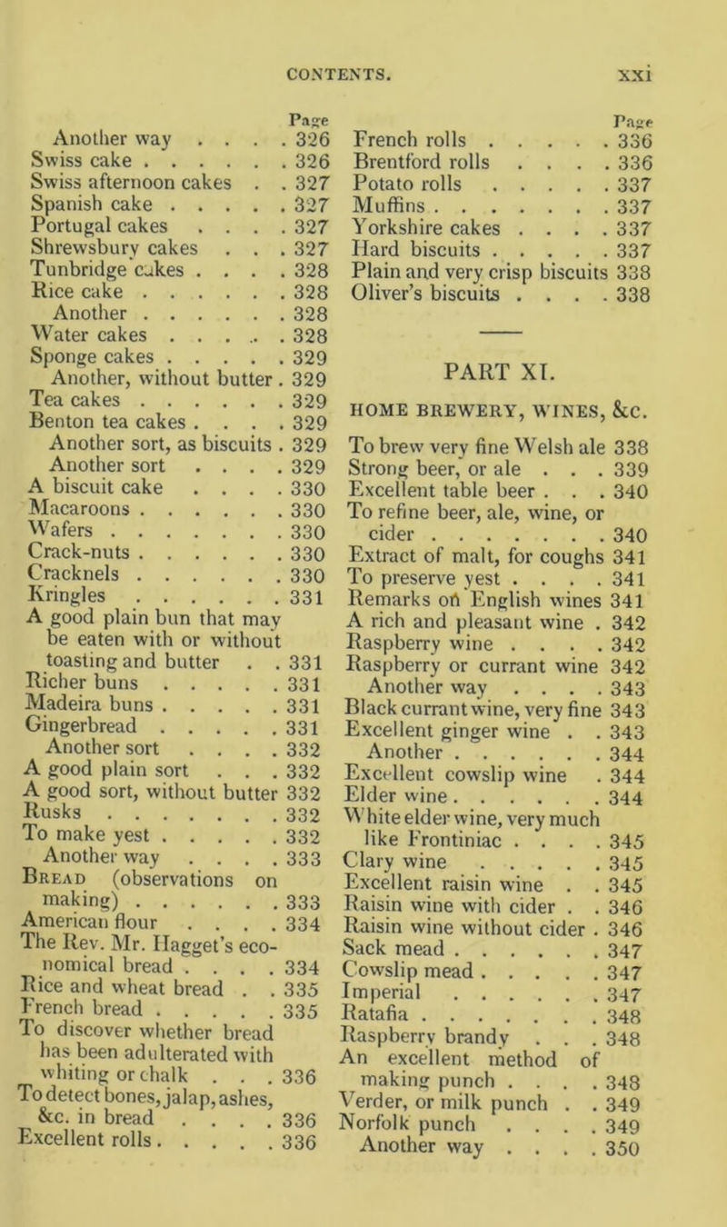 Pag:e Another way .... 326 Swiss cake 326 Swiss afternoon cakes . . 327 Spanish cake 327 Portugal cakes .... 327 Shrewsbury cakes . . . 327 Tunbridge cukes .... 328 Rice cake 328 Another 328 Water cakes 328 Sponge cakes 329 Another, without butter . 329 Tea cakes 329 Benton tea cakes .... 329 Another sort, as biscuits . 329 Another sort .... 329 A biscuit cake . . . .330 Macaroons 330 Wafers 330 Crack-nuts 330 Cracknels 330 Kringles 331 A good plain bun that may be eaten with or without toasting and butter . .331 Richer buns 331 Madeira buns 331 Gingerbread 331 Another sort .... 332 A good plain sort . . . 332 A good sort, without butter 332 Rusks 332 To make yest 332 Another way . . . .333 Bread (observations on making) 333 American flour .... 334 The Rev. Mr. Ilagget’s eco- nomical bread .... 334 Rice and wheat bread . . 335 Trench bread 335 To discover wliether bread has been adulterated with whiting or chalk . . .336 To detect bones, jalap, ashes, &c. in bread .... 336 Excellent rolls 336 French rolls 336 Brentford rolls .... 336 Potato rolls 337 Muffins 337 Yorkshire cakes . . . .337 Hard biscuits 337 Plain and very crisp biscuits 338 Oliver’s biscuits .... 338 PART XT. HOME BREWERY, WINES, &C. To brew’ very fine Welsh ale 338 Strong beer, or ale . . .339 Excellent table beer . . . 340 To refine beer, ale, wine, or cider 340 Extract of malt, for coughs 341 To preserve yest .... 341 Remarks oft English wines 341 A rich and pleasant wine . 342 Raspberry wine .... 342 Raspberry or currant wine 342 Another way .... 343 Black currant wine, very fine 343 Excellent ginger wine . . 343 Another 344 Excellent cowslip wine . 344 Elder wine 344 White elder wine, very much like Frontiniac .... 345 Clary wine 345 Excellent raisin wine . . 345 Raisin wine with cider . . 346 Raisin wine without cider . 346 Sack mead 347 Cowslip mead 347 Imperial 347 Ratafia 348 Raspberry brandy . . . 348 An excellent method of making punch .... 343 Verder, or milk punch . . 349 Norfolk punch .... 349 Another way .... 350